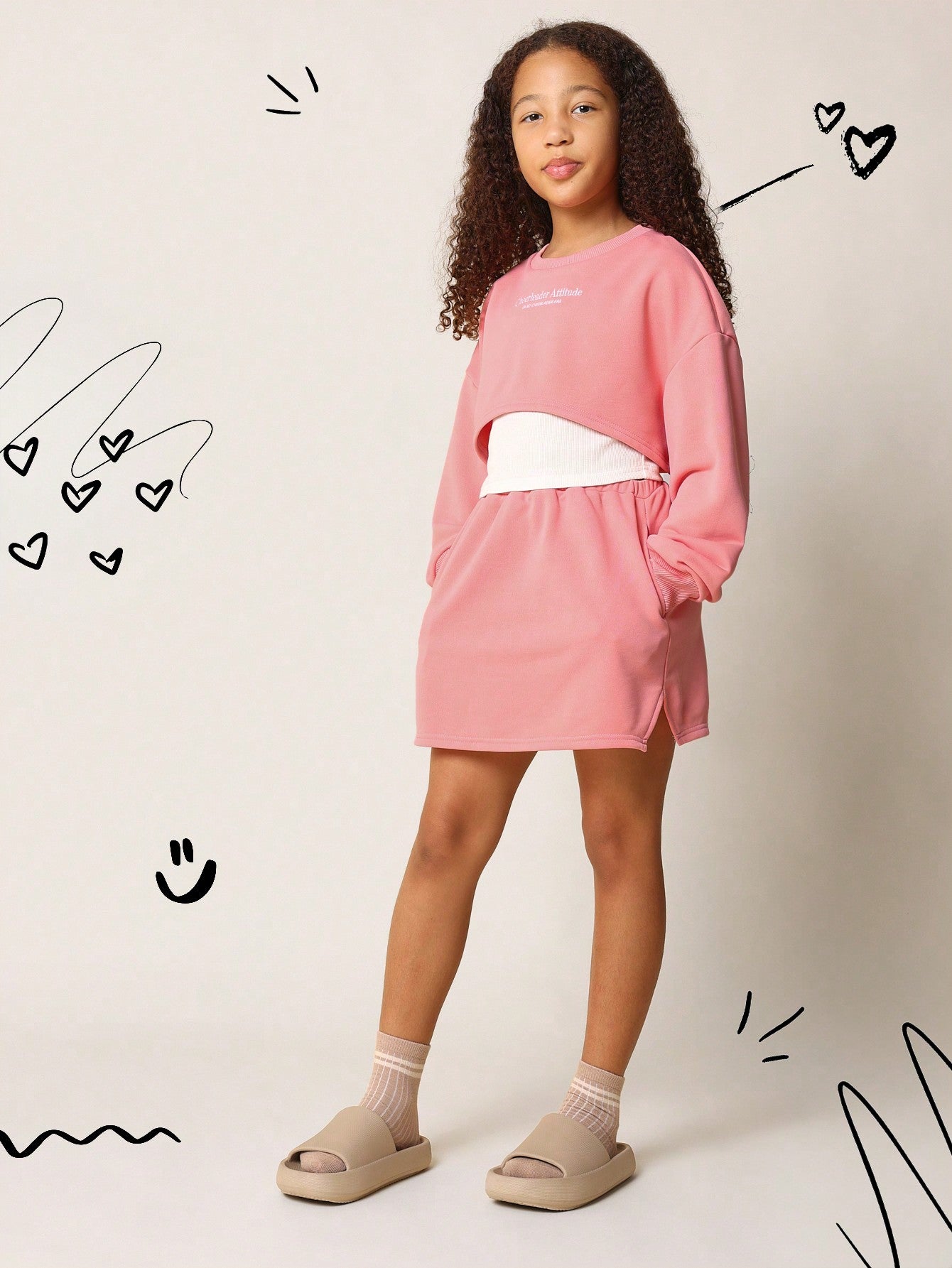 Tween Girls Everyday Pink Crop Sweatshirt With Embroidery And Skirt 2 Piece Set