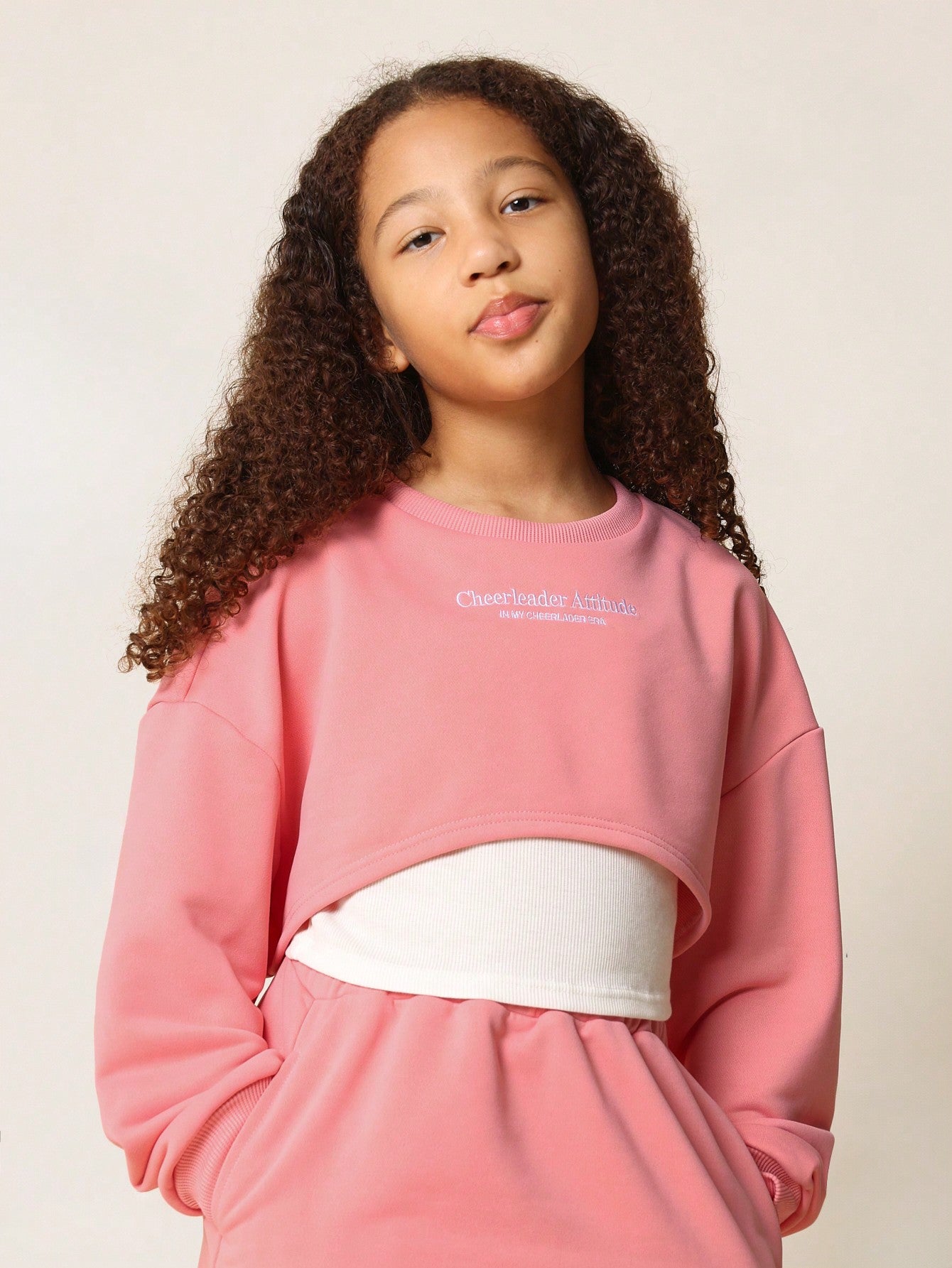 Tween Girls Everyday Pink Crop Sweatshirt With Embroidery And Skirt 2 Piece Set