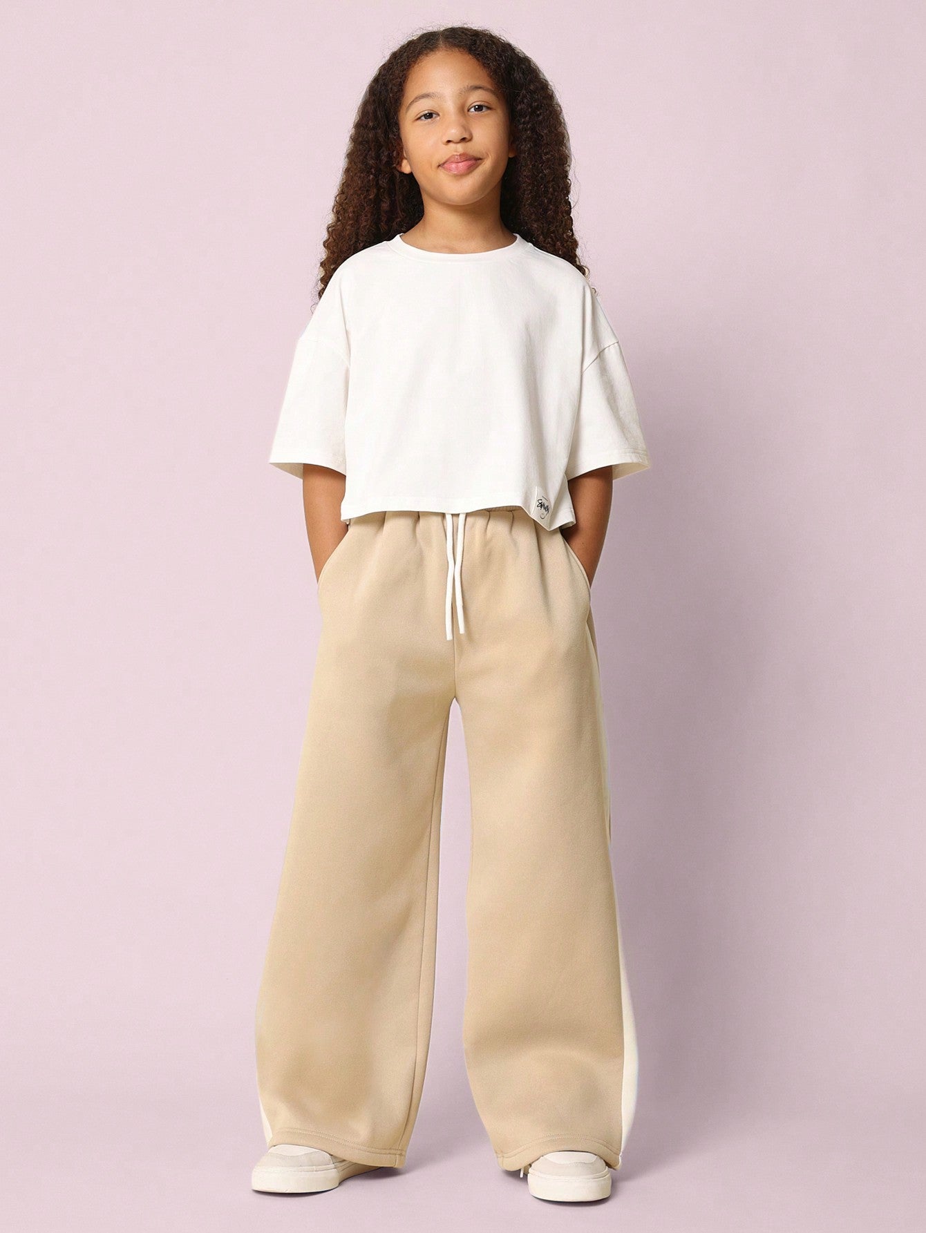 Tween Girls Comfy Wide Leg Contrast Side Panel Essential Sweatpants With Drawstring