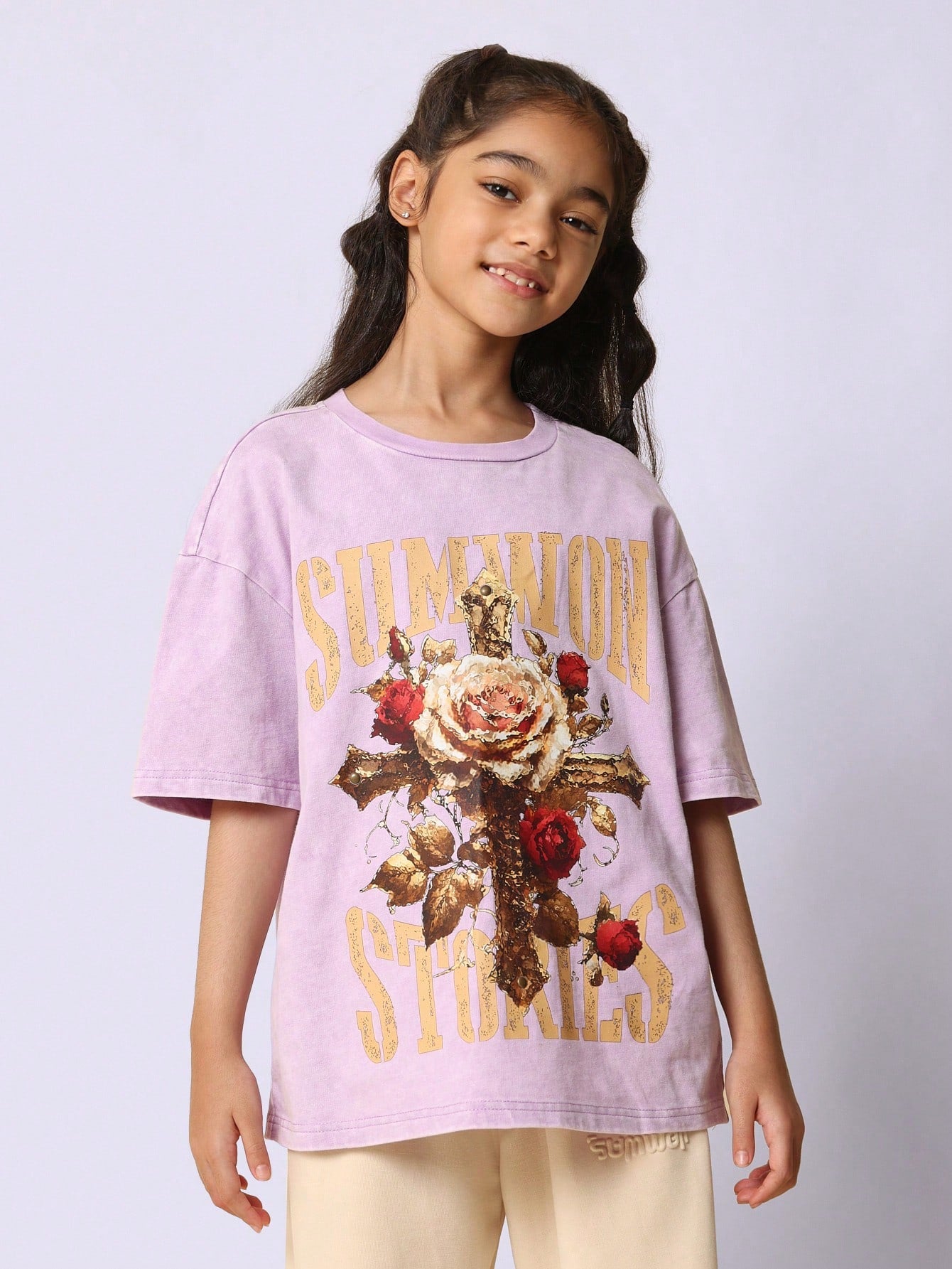 Tween Girls Everyday Oversized Short Sleeve Washed Tee With Rose & Cross Graphic Print