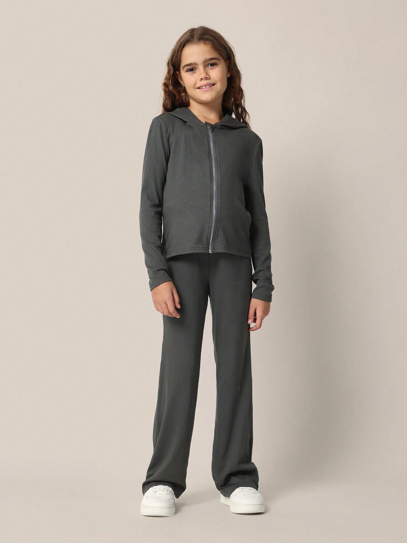 Tween Girls Cozy Rib Slim Fit Zip-Up Hoodie, Tank Top And Flare Fit Pant 3 Piece Set