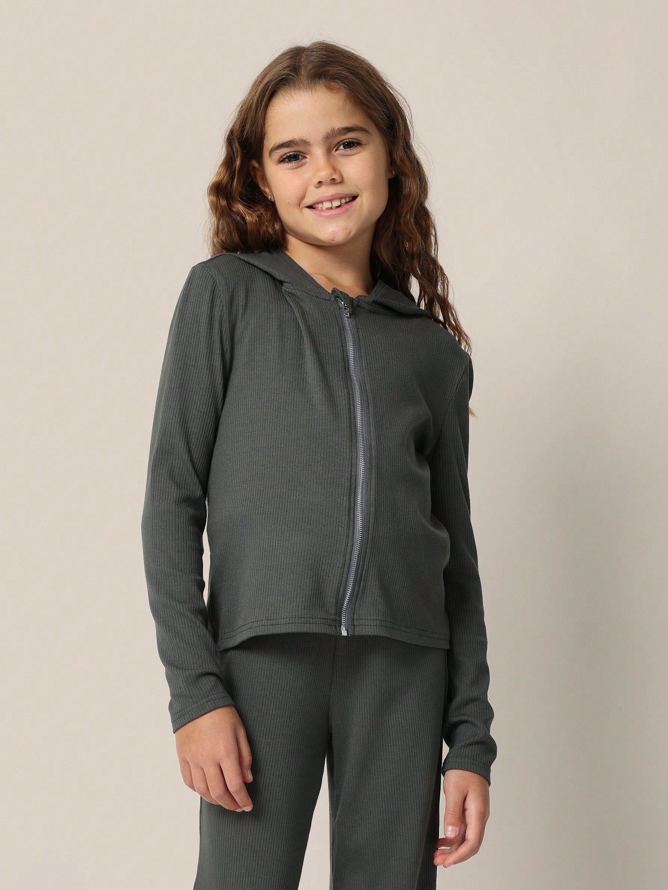 Tween Girls Cozy Rib Slim Fit Zip-Up Hoodie, Tank Top And Flare Fit Pant 3 Piece Set