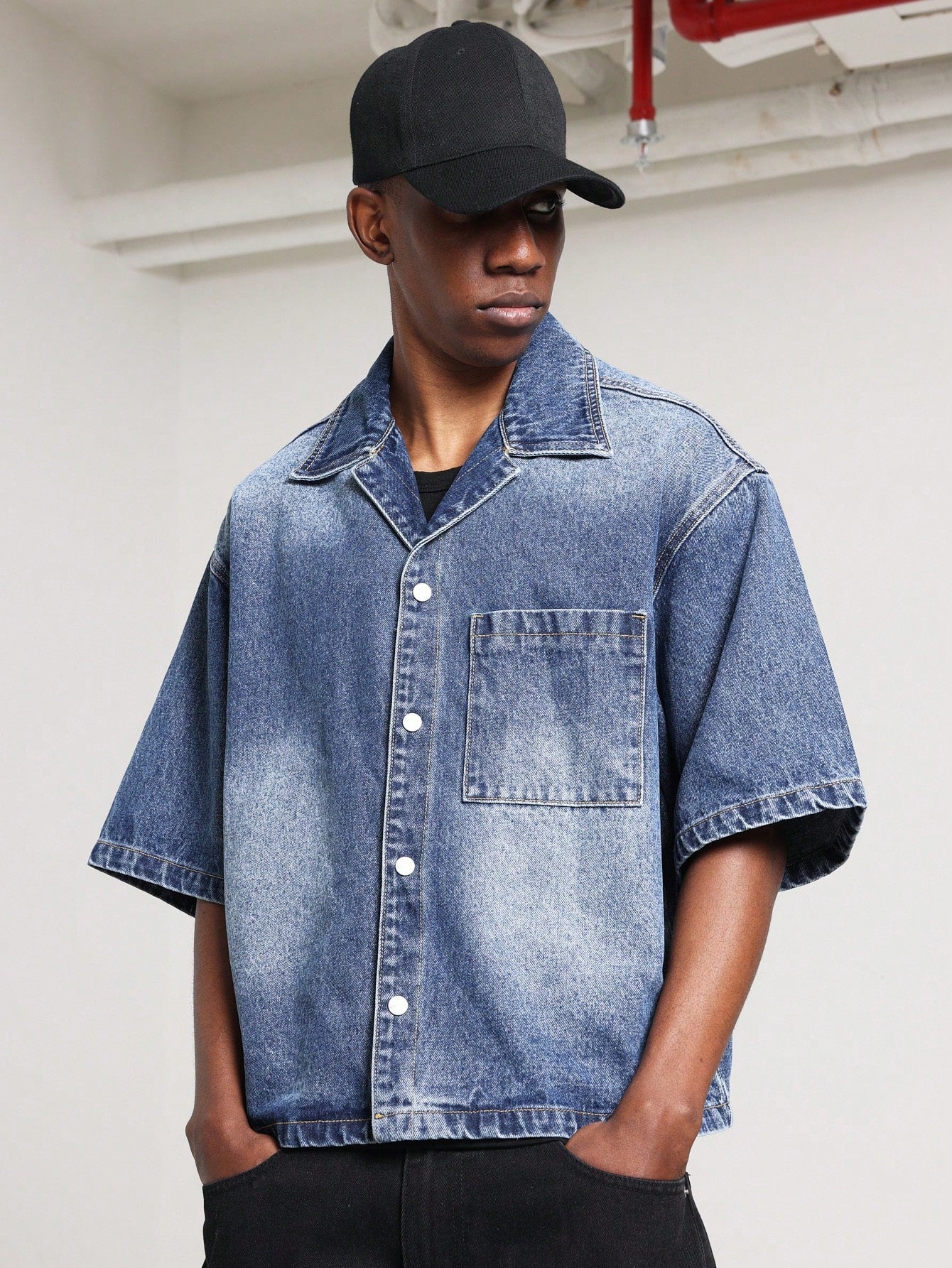 Boxy Cropped Washed Denim Shirt With Back Embroidery