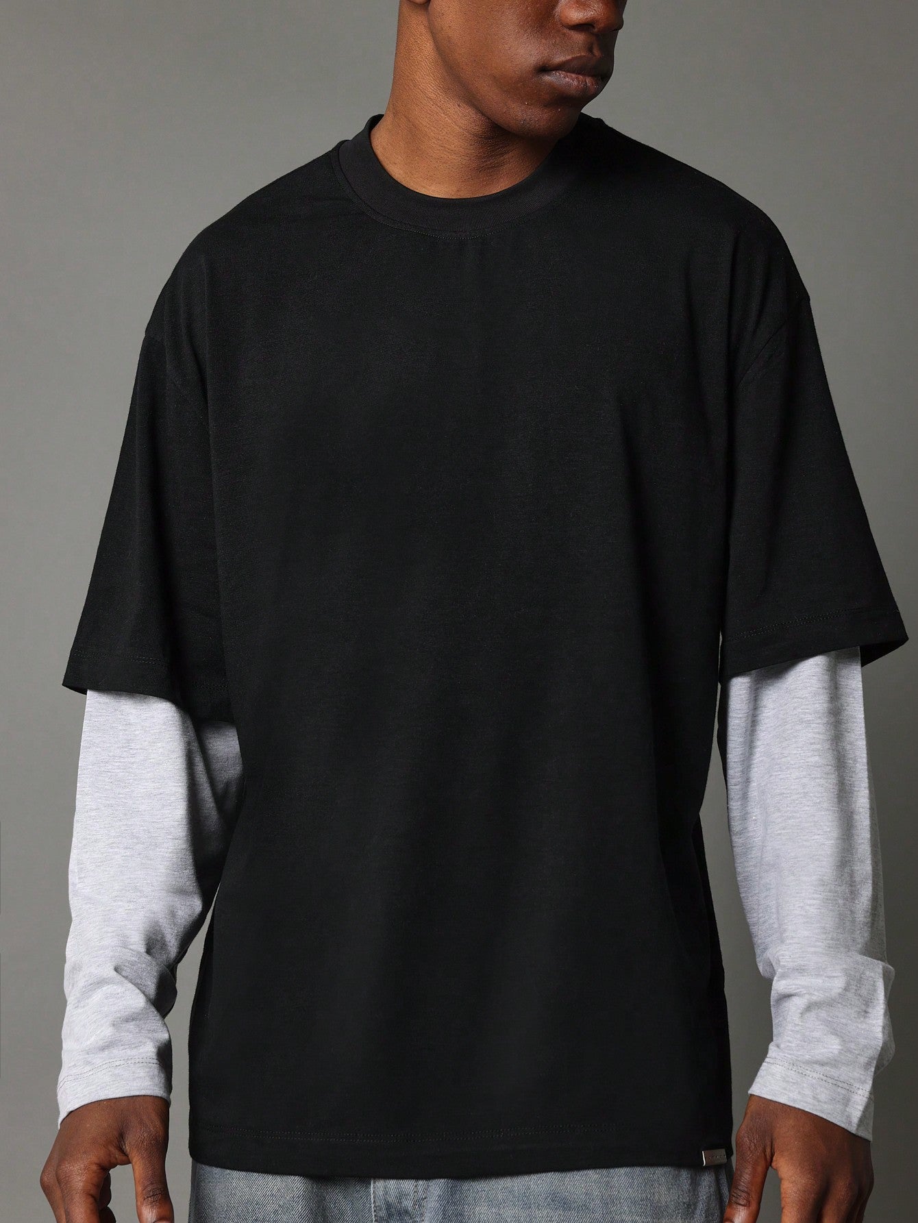 Regular Fit Double Layer Long Sleeve Tee With Contrast Sleeve