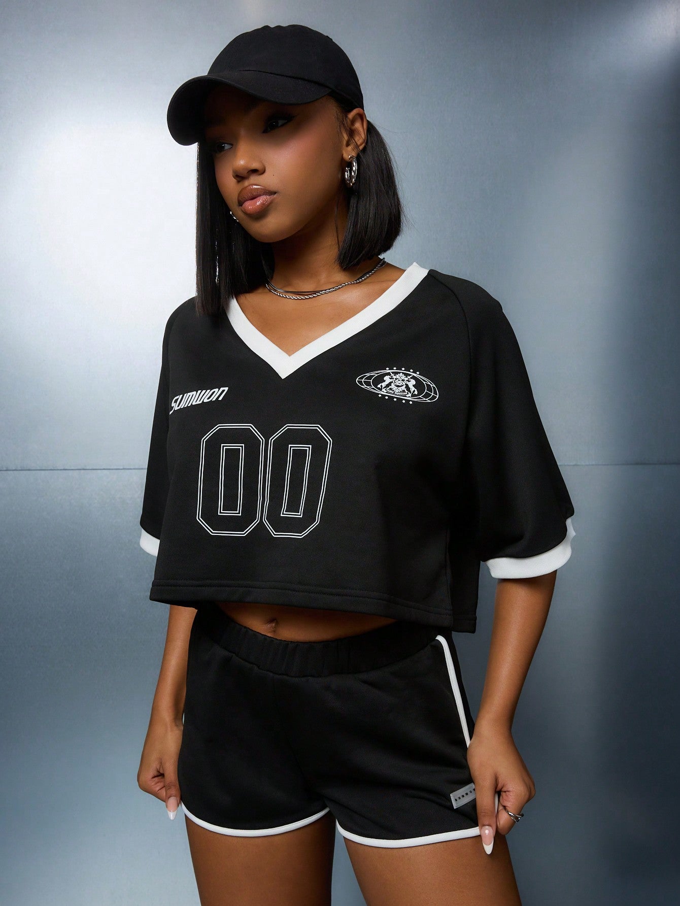 SUMWON WOMEN V Neck Boxy Sleeves Number Graphic Crop Tee With Side Stripe Shorts Two Piece Co-Ord Set