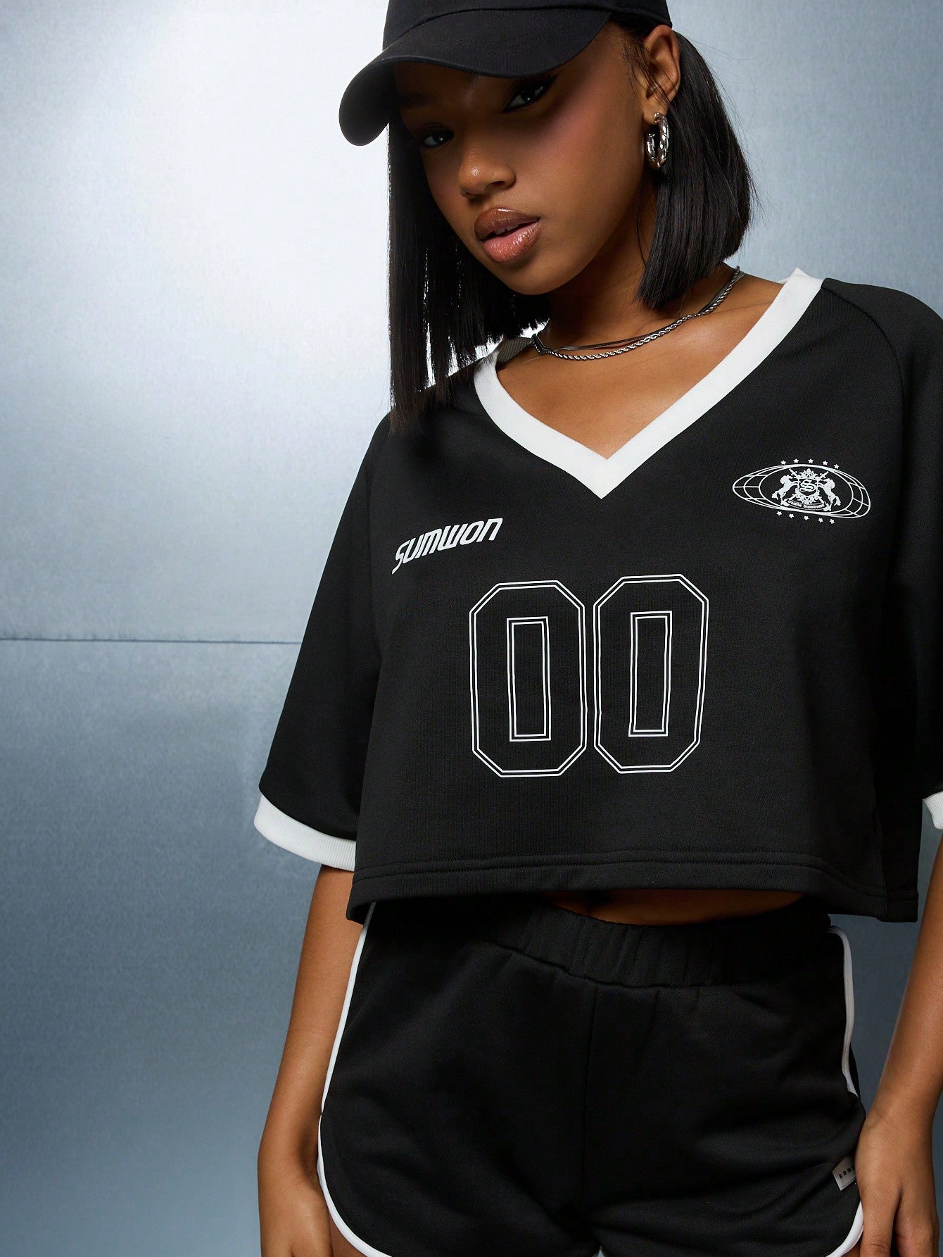 SUMWON WOMEN V Neck Boxy Sleeves Number Graphic Crop Tee With Side Stripe Shorts Two Piece Co-Ord Set