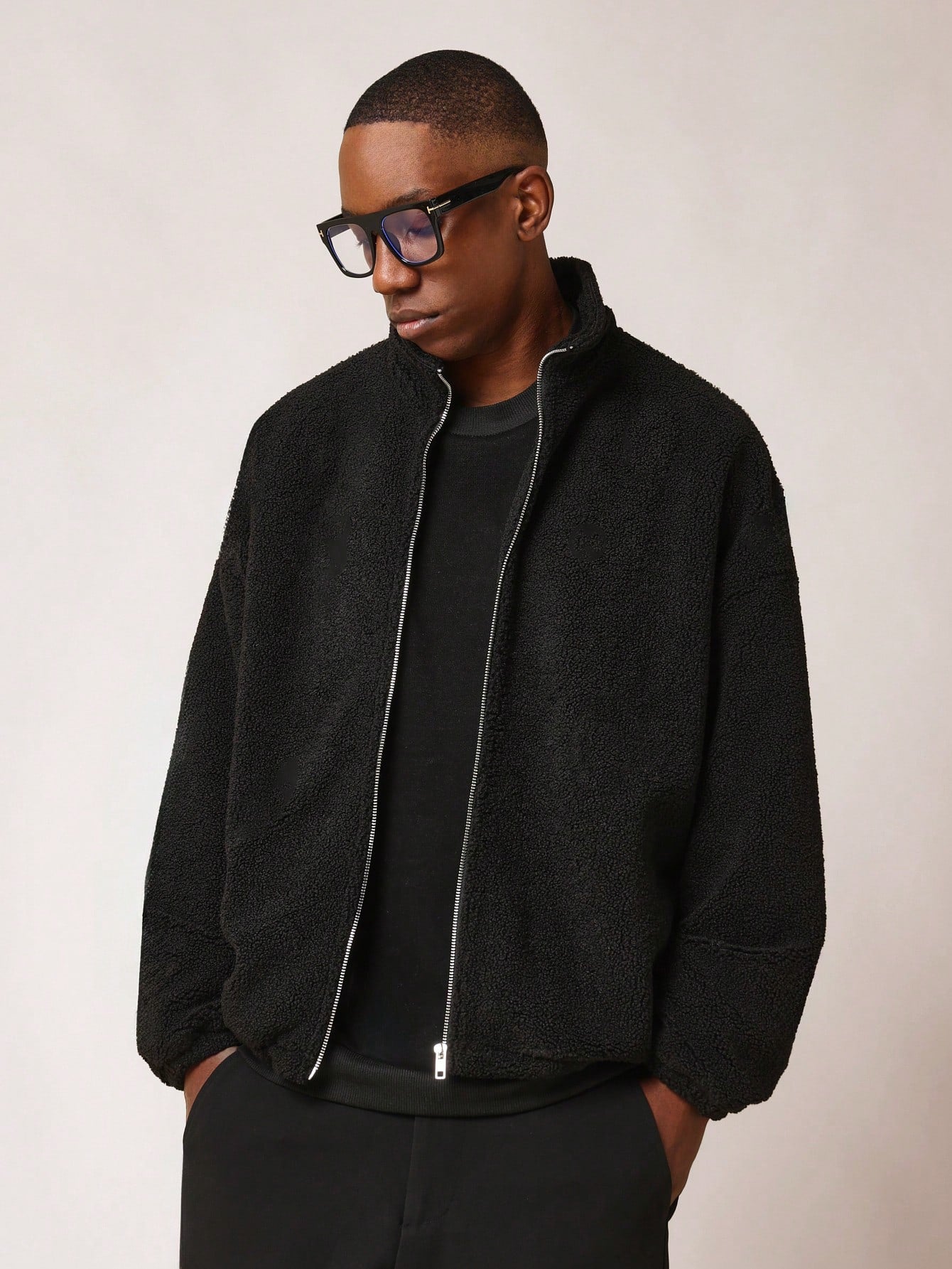 Regular Fit Funnel Neck Zip Through Borg Track Jacket