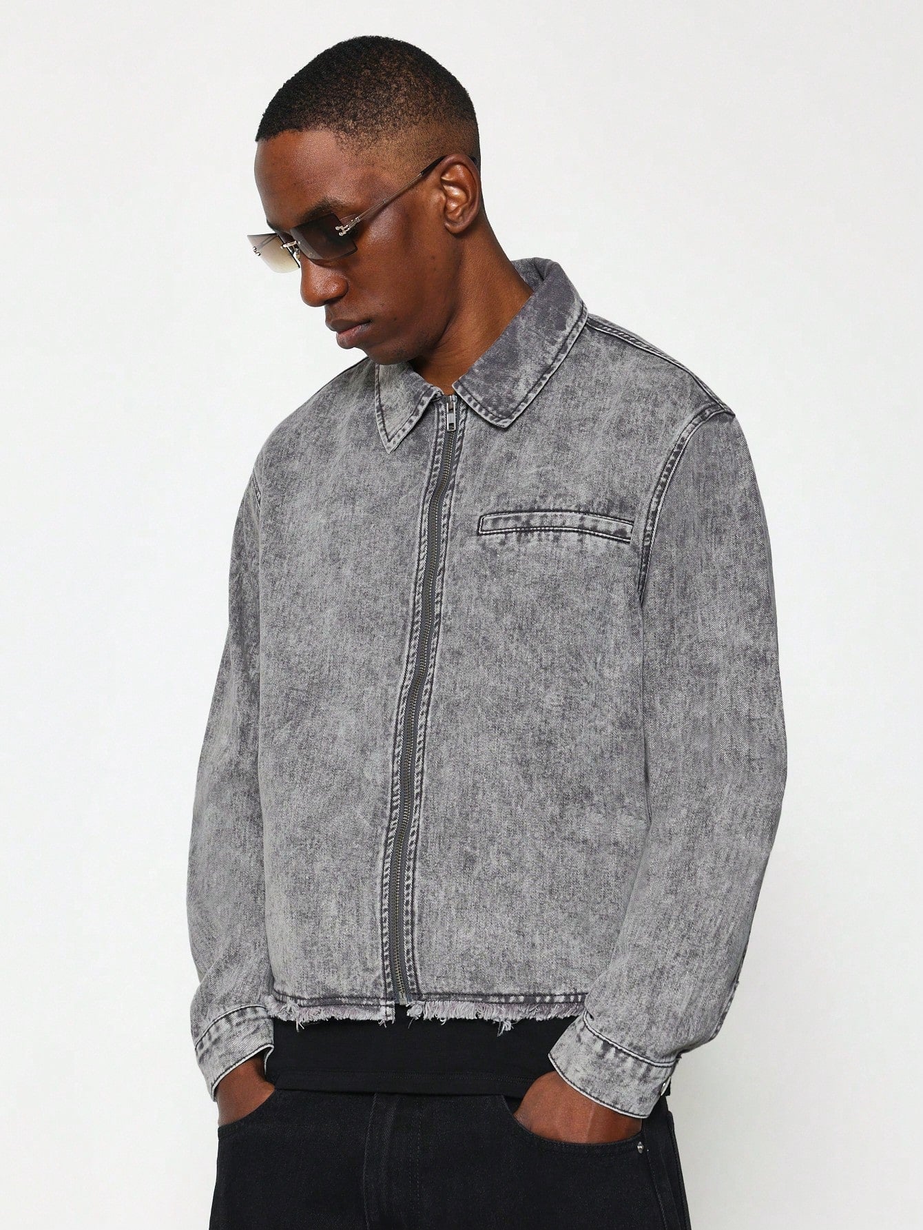 Cropped Washed Zip Through Denim Jacket