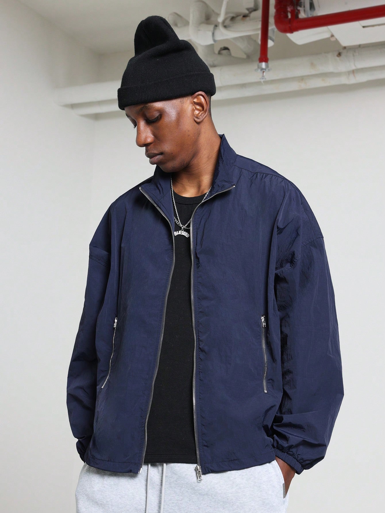 Regular Fit Funnel Neck Zip Through Nylon Jacket