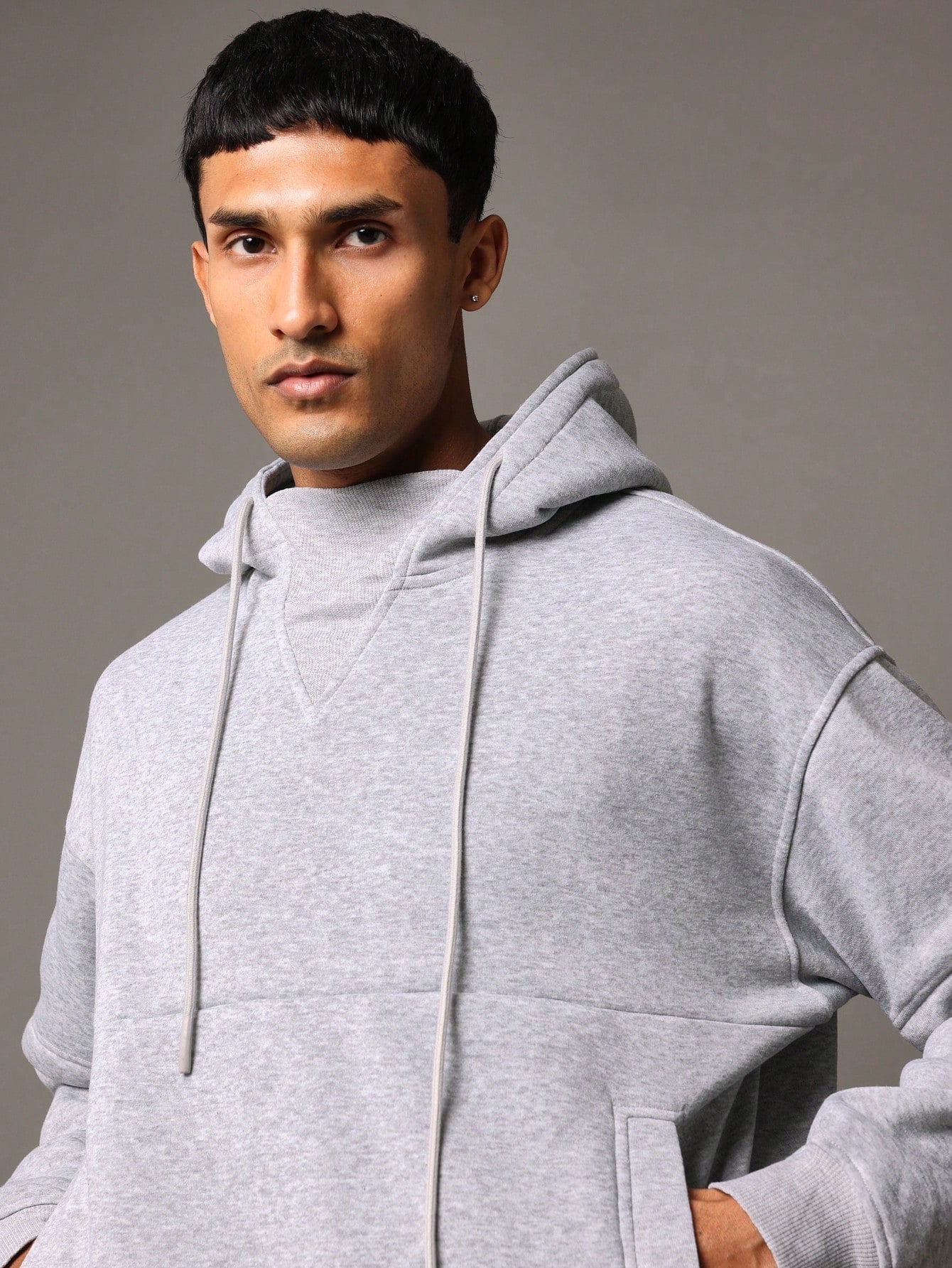 Regular Fit Raised Neck Hoodie With Mock Sleeve & Side Pockets