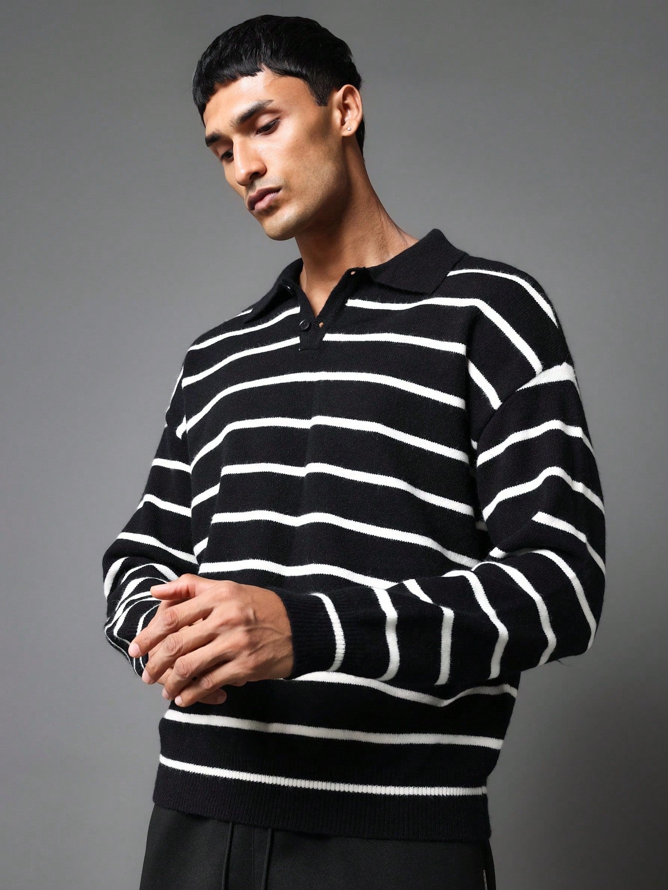 Regular Fit Stripe Knit Polo Sweater