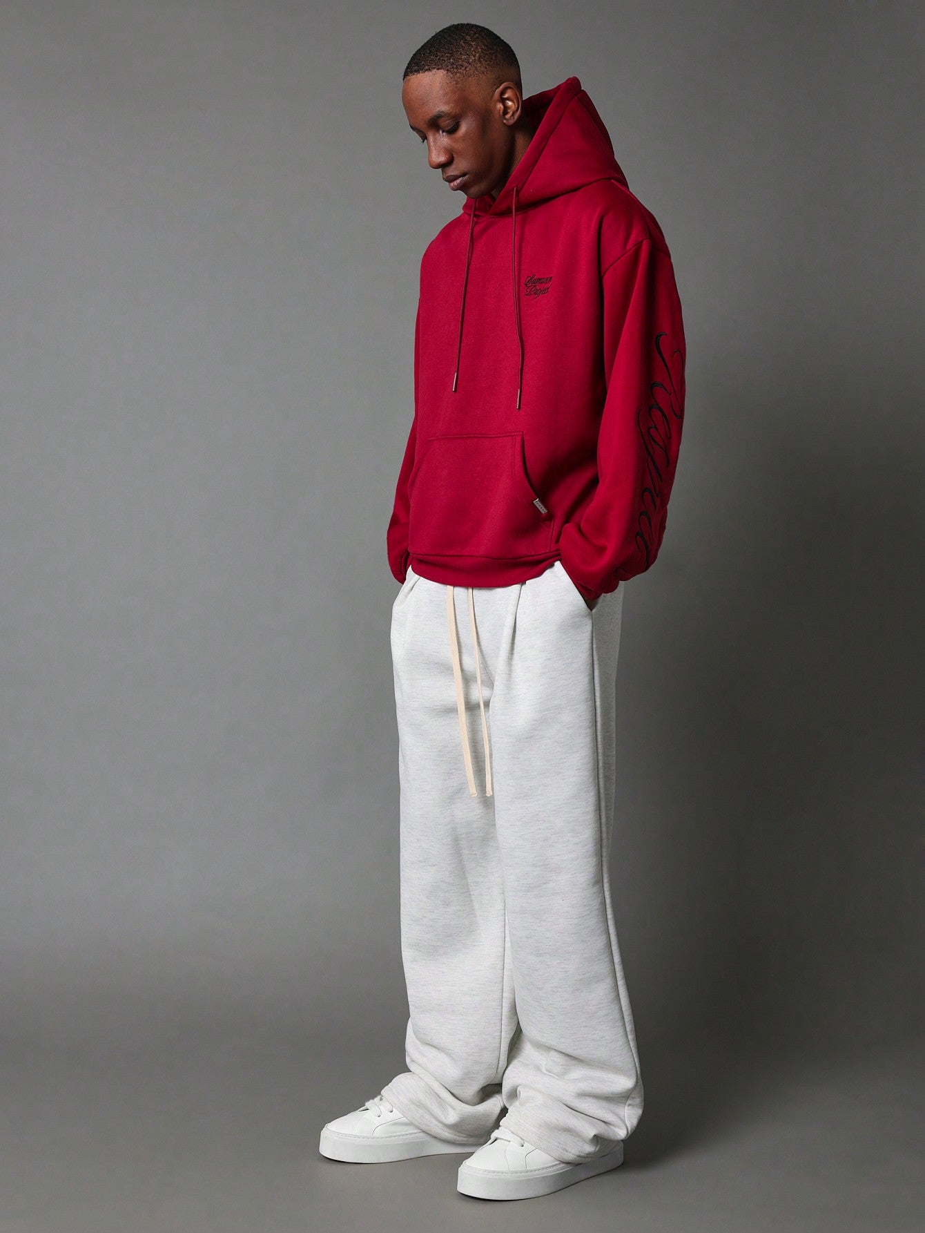 Regular Fit Overhead Hoodie With Embroidered Sleeve