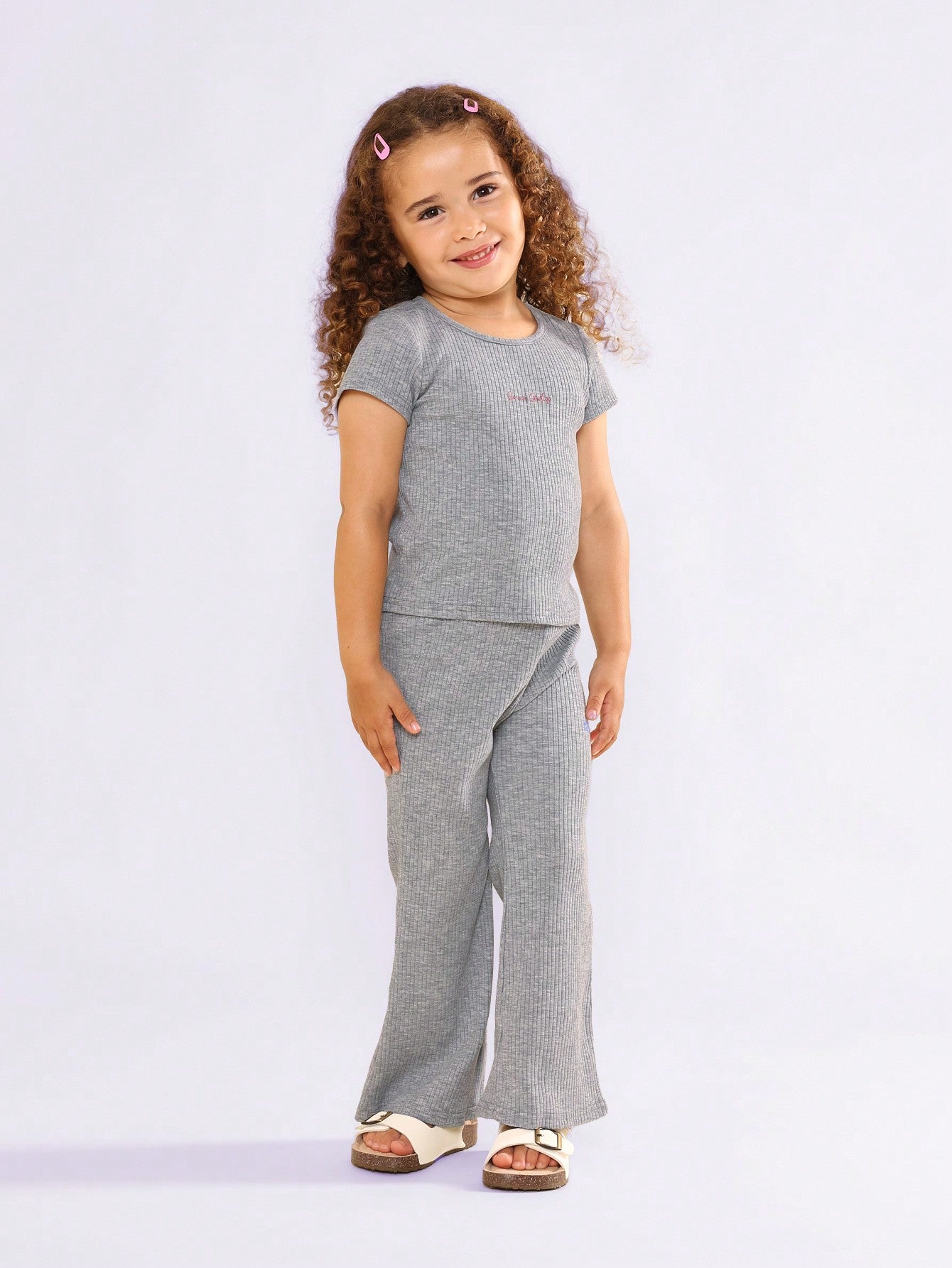 Young Girls Soft Ribbed Flare Fit 2 Piece Set With Embroidered Logo Graphic