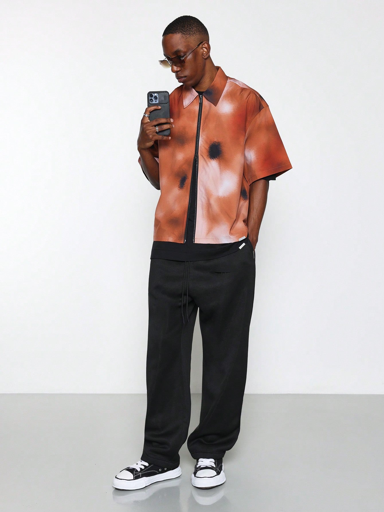 Boxy Fit Zip Nylon Shirt With All Over Print