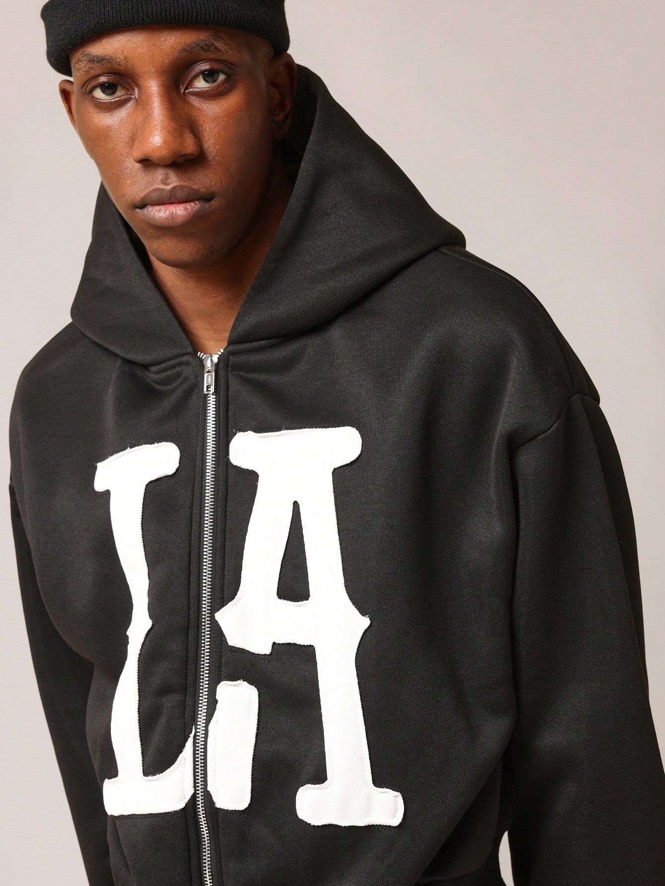 Cropped Zip-Up LA Graphic Printed Hoodie