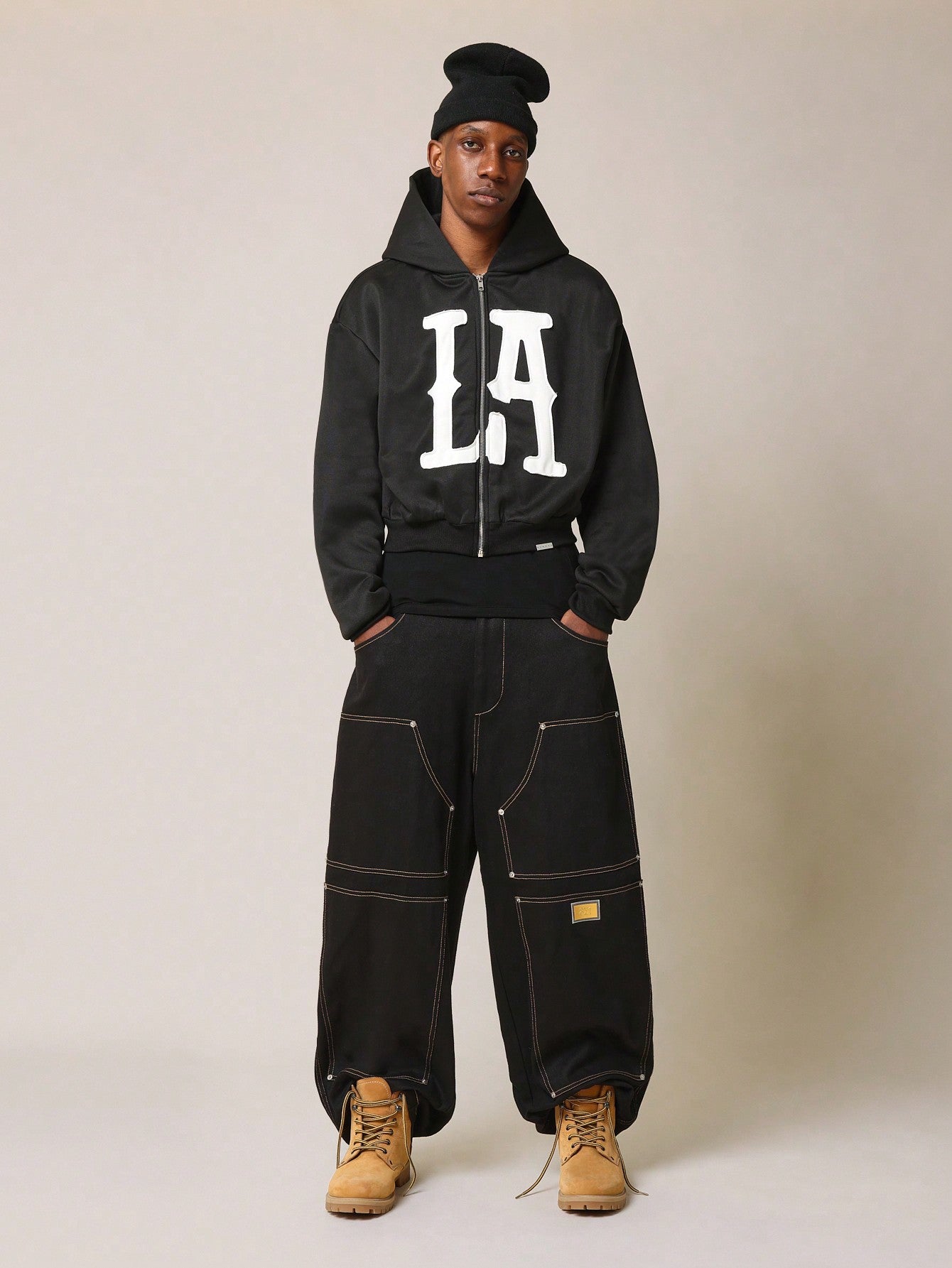 Cropped Zip-Up LA Graphic Printed Hoodie