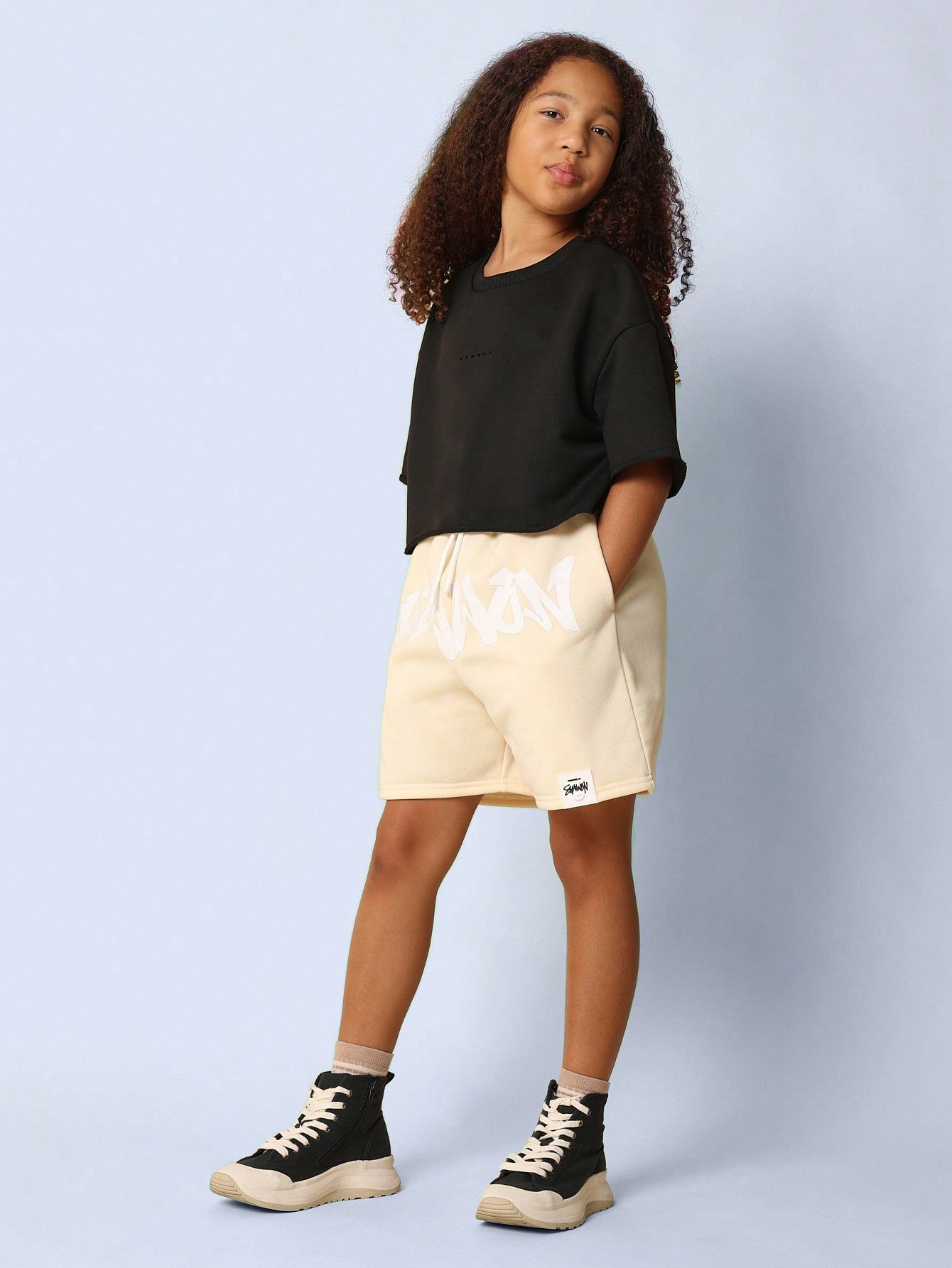 Tween Girls Drop Crotch Short With Front Graphic Print