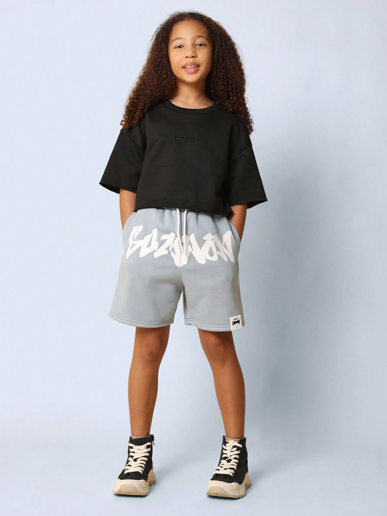 Tween Girls Drop Crotch Short With Front Graphic Print