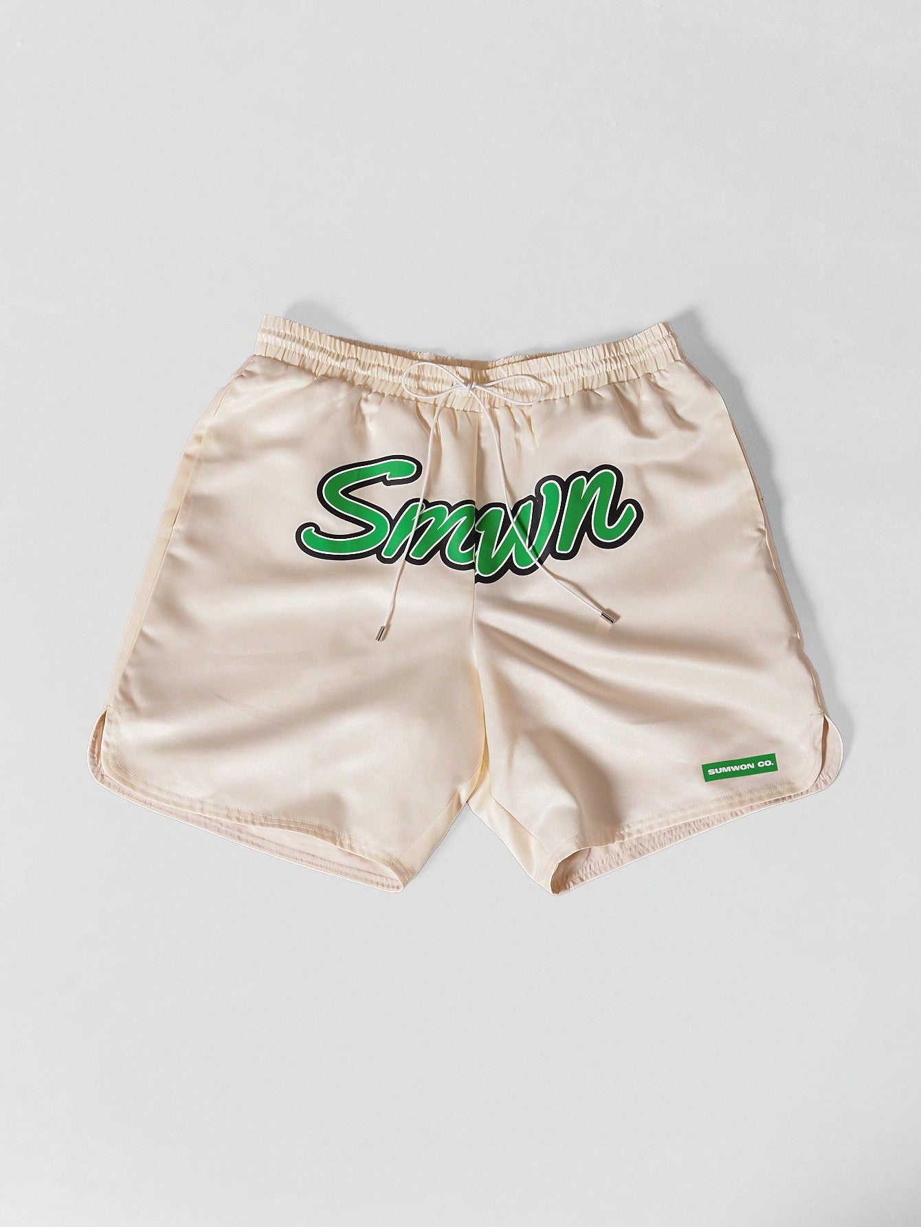 Satin Short With Curved Hem And Front Graphic