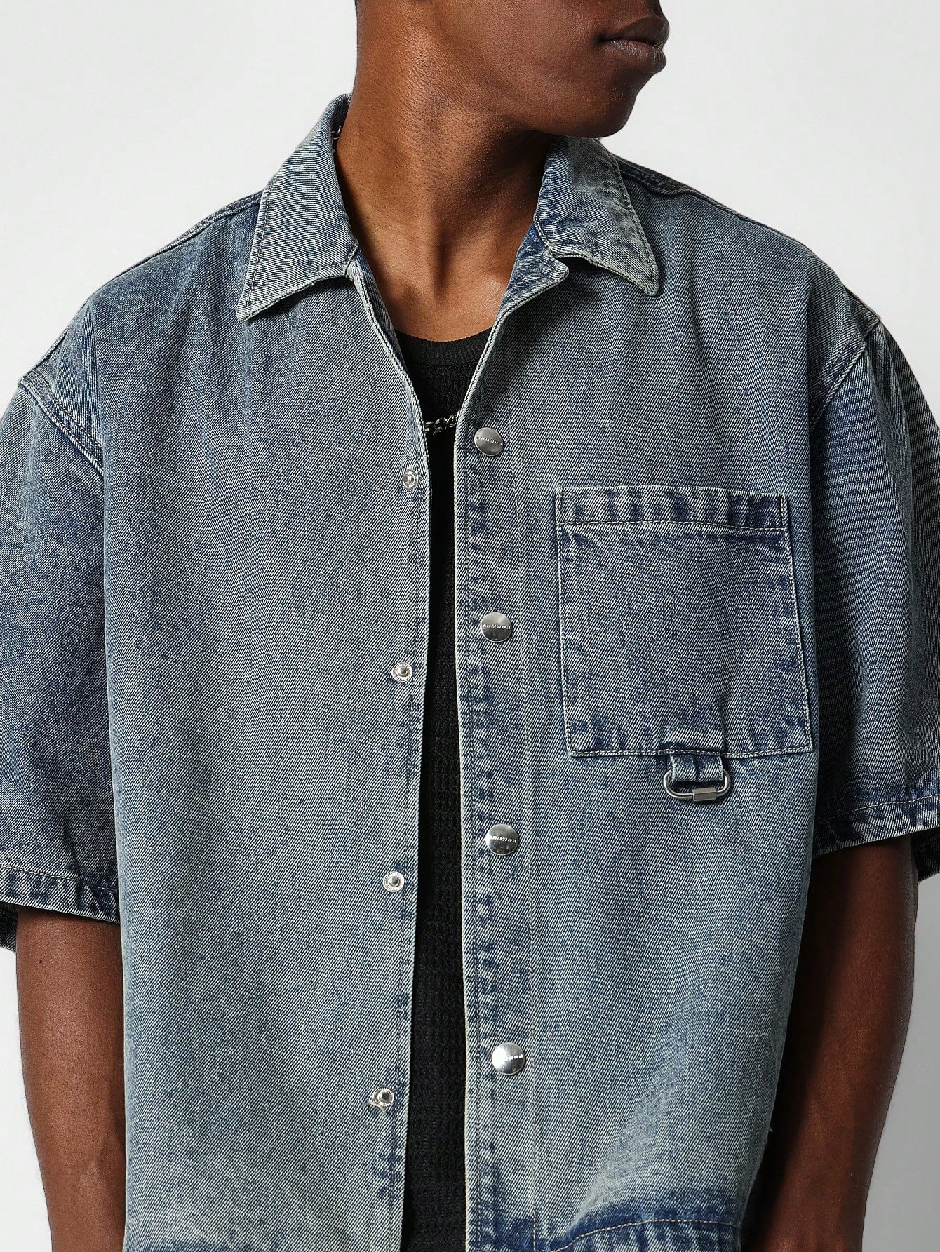 Boxy Washed Denim Shirt With Number Graphic Print