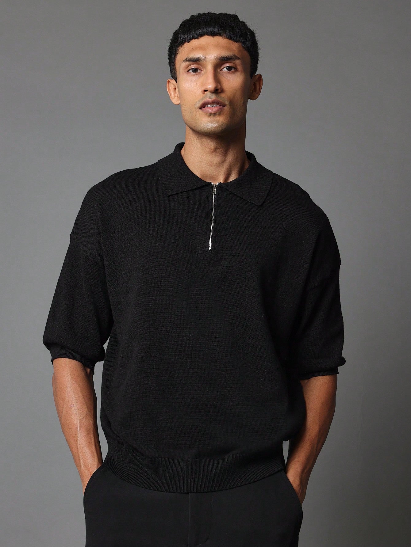 Regular Fit Half Zip Polo Knit Top