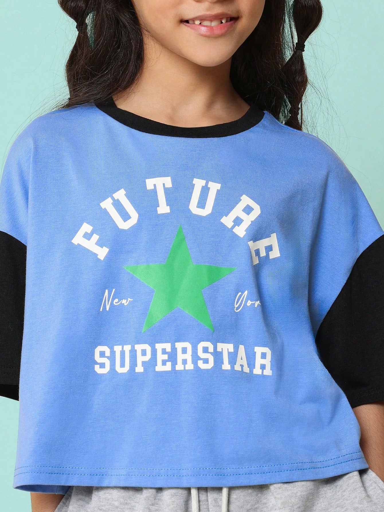 Tween Girls Crop Fit Colour Block Sleeve Tee With Graphic Print