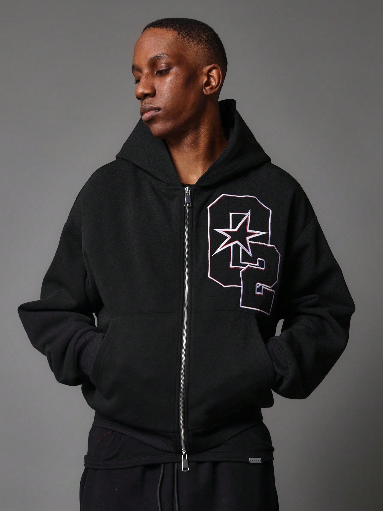 Cropped Zip-Up Hoodie With Applique Badge