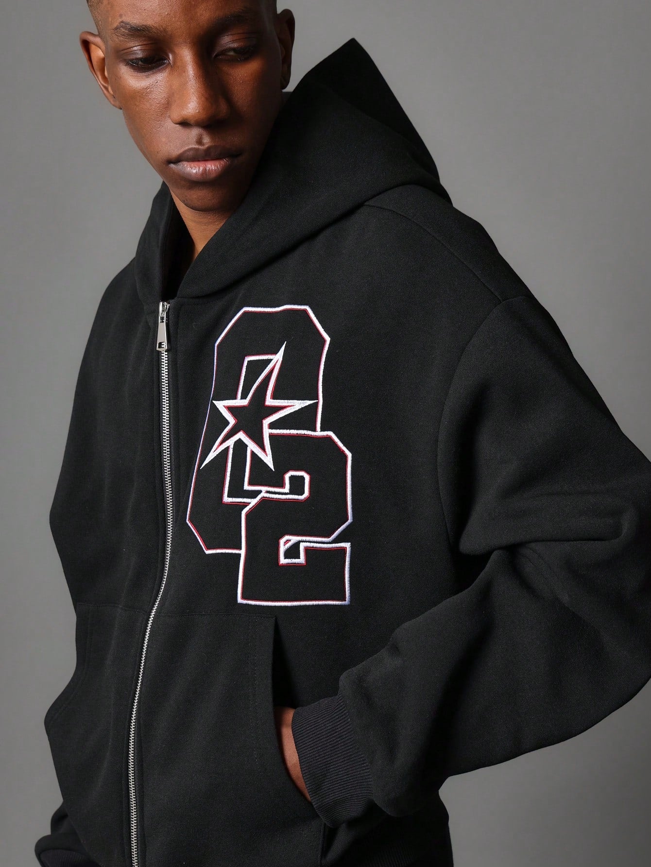 Cropped Zip-Up Hoodie With Applique Badge