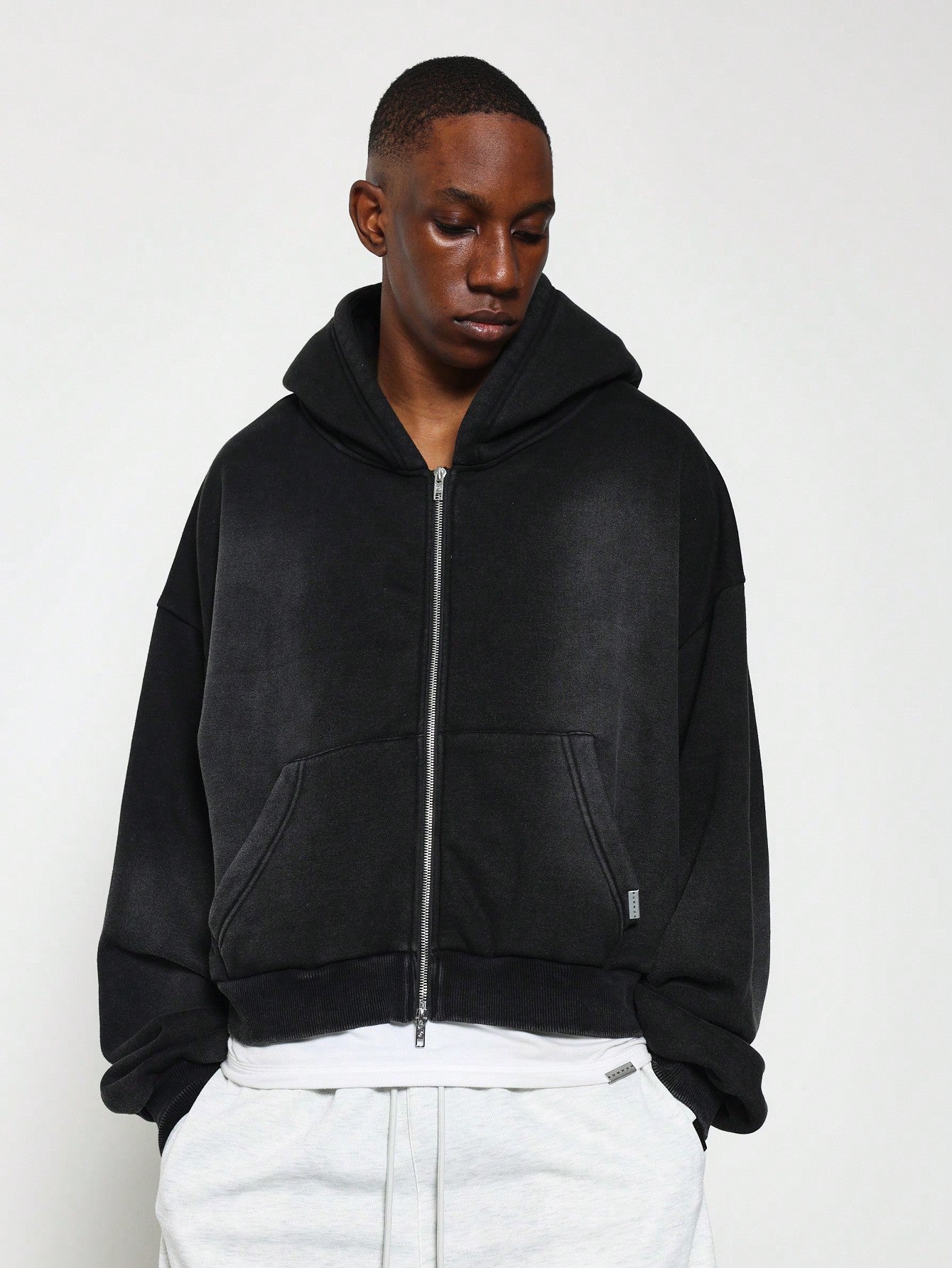 Cropped Washed Zip-Up Hoodie