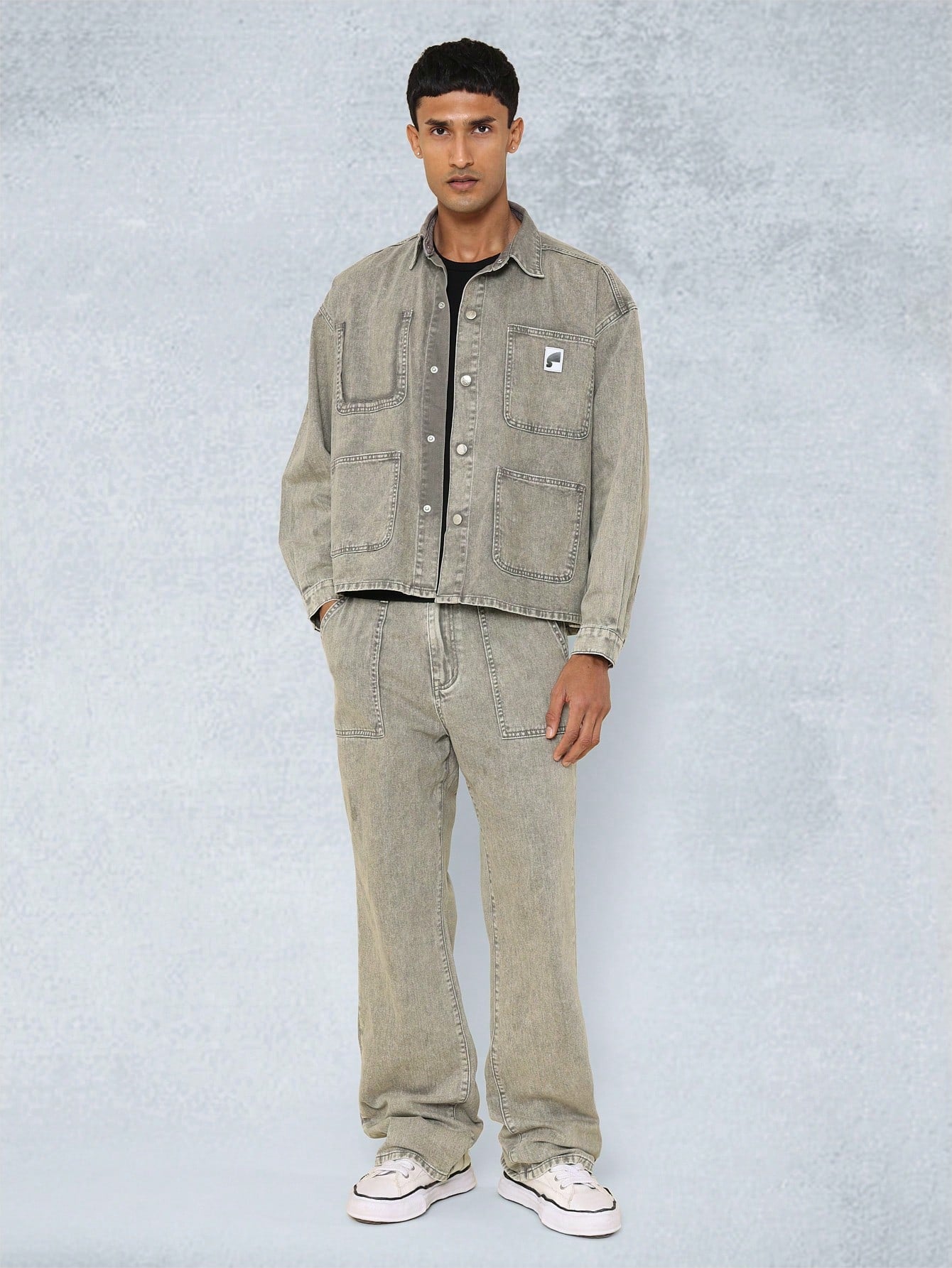 Regular Fit Washed Twill Long Sleeve Workwear Denim Shirt And Straight Denim Pant 2 Piece Set