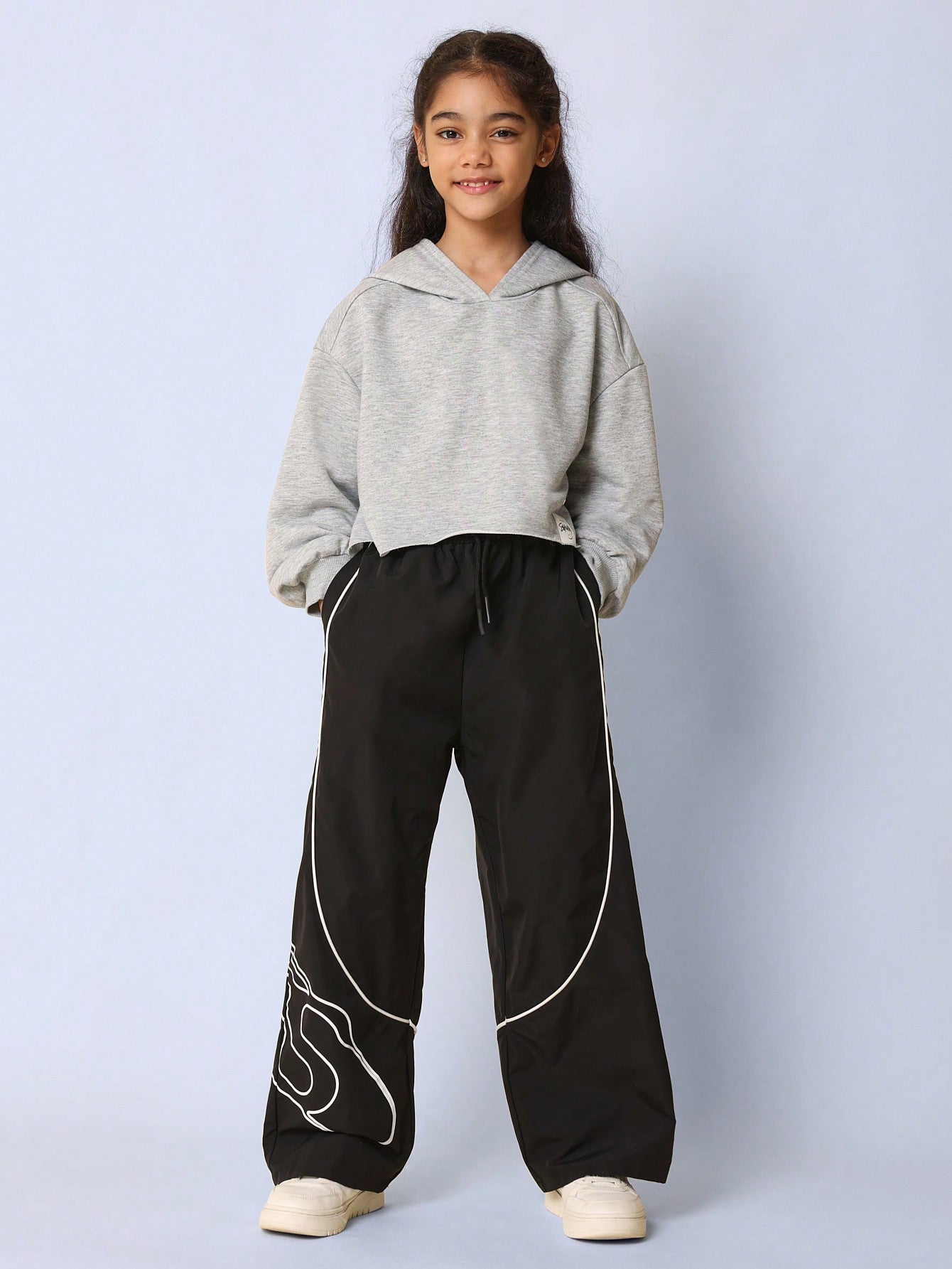 Tween Girls Crop Overhead Raw Hem Hoodie And Loose Fit Pant With Graphic Print 2 Piece Set