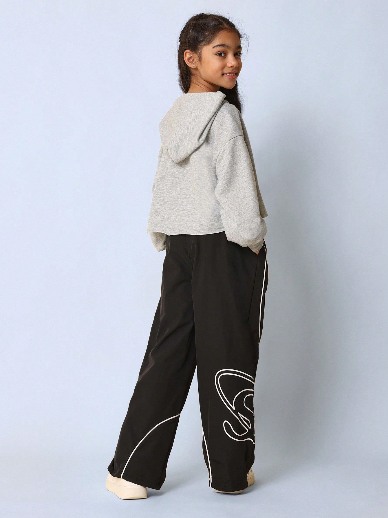 Tween Girls Crop Overhead Raw Hem Hoodie And Loose Fit Pant With Graphic Print 2 Piece Set