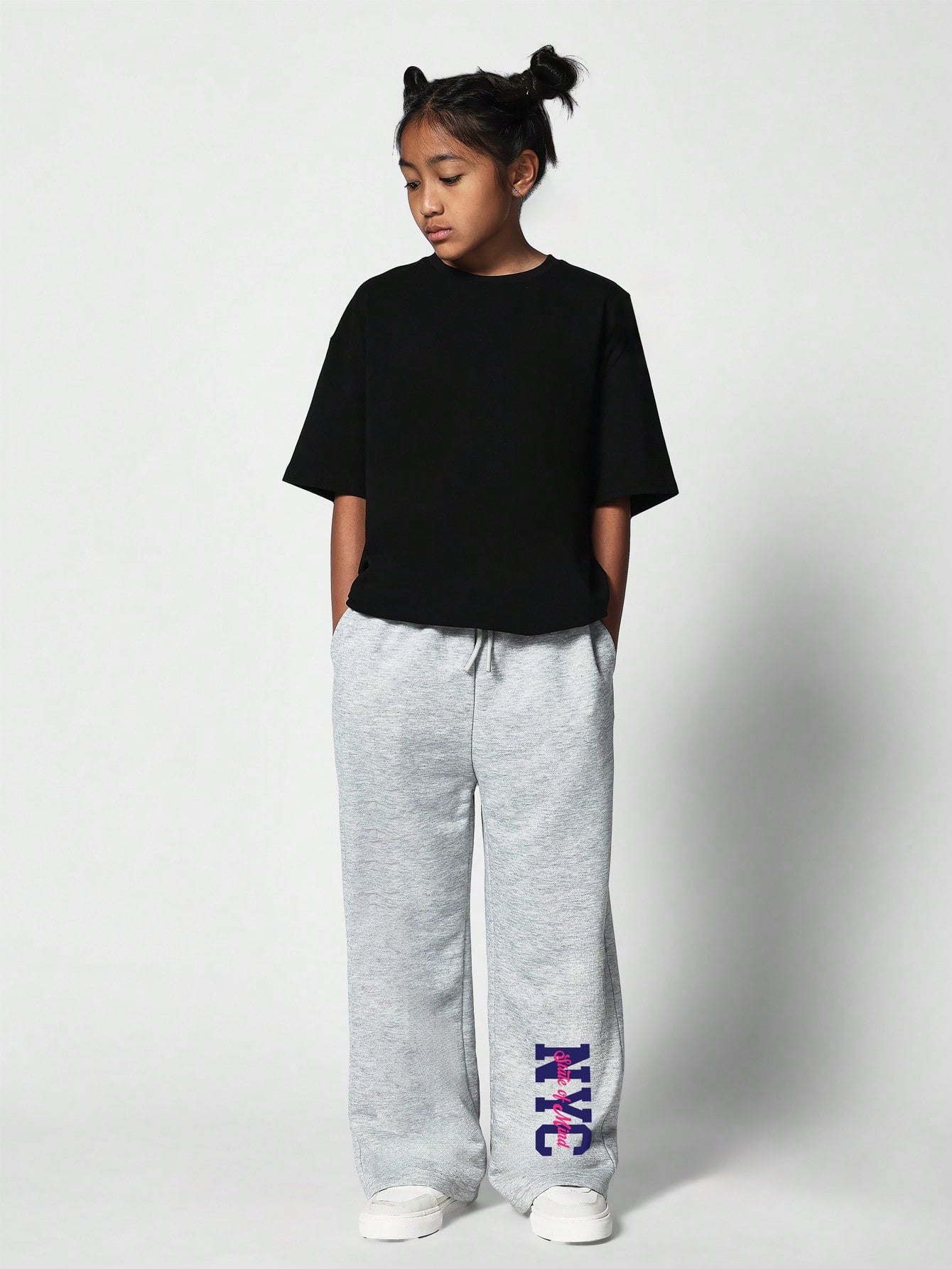 Tween Girls Wide Leg Grey Marl NYC Graphic Print Sweatpants