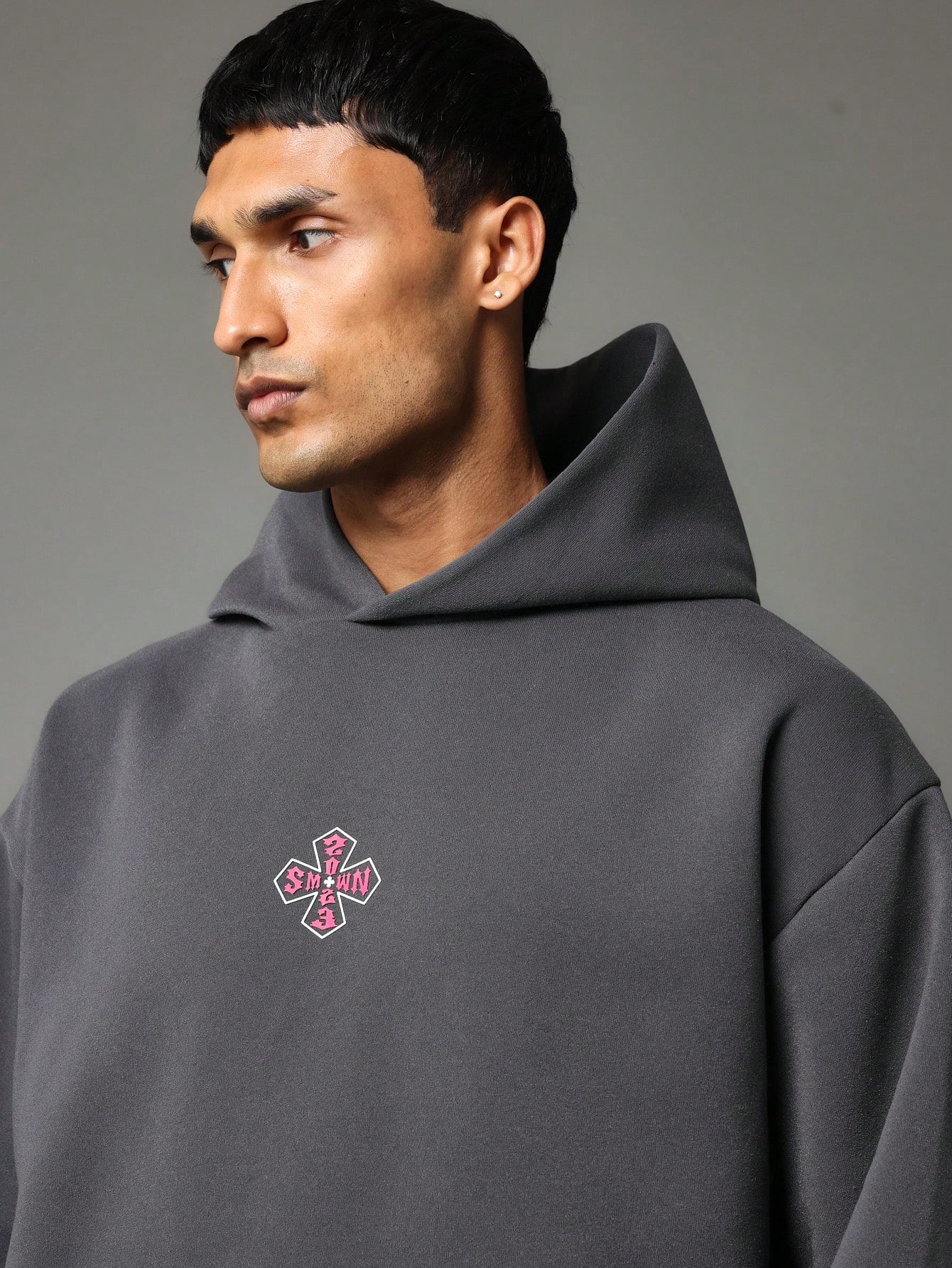 Regular Fit Overhead Hoodie With Cross & Gothic Graphic Print