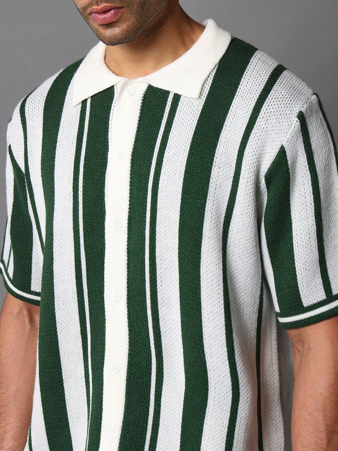 Oversized Knit Stripe Short Sleeve Polo Shirt