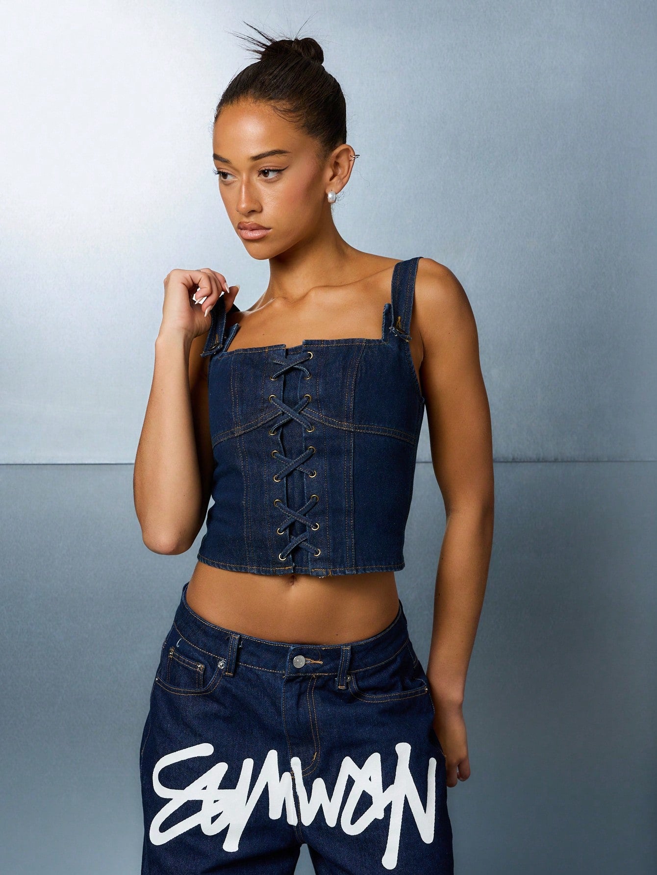 SUMWON WOMEN Crop Corset Denim Top