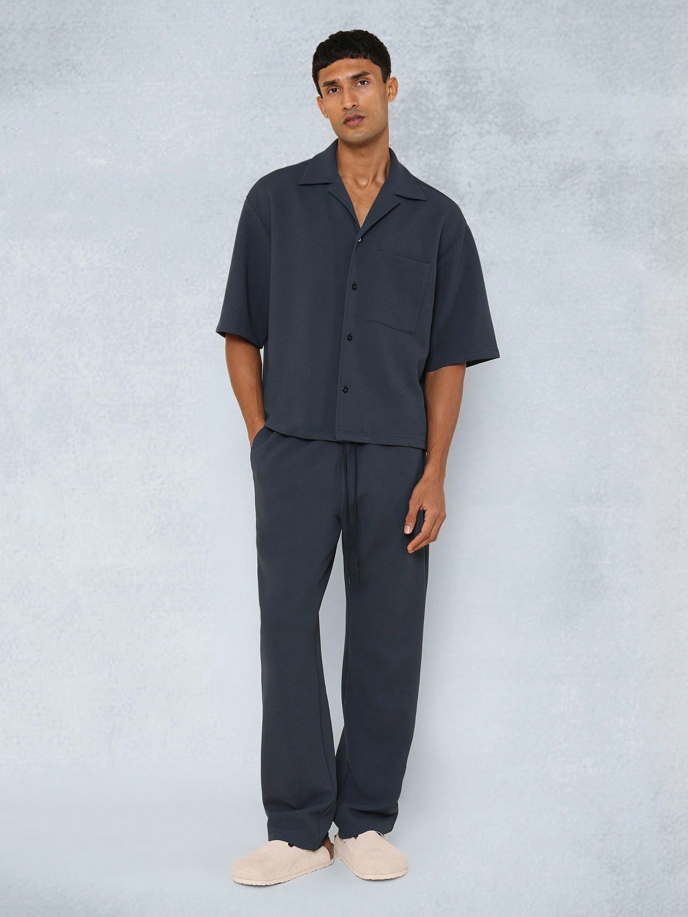 Boxy Textured Revere Jersey Shirt And Straight Fit Pant 2 Piece Set