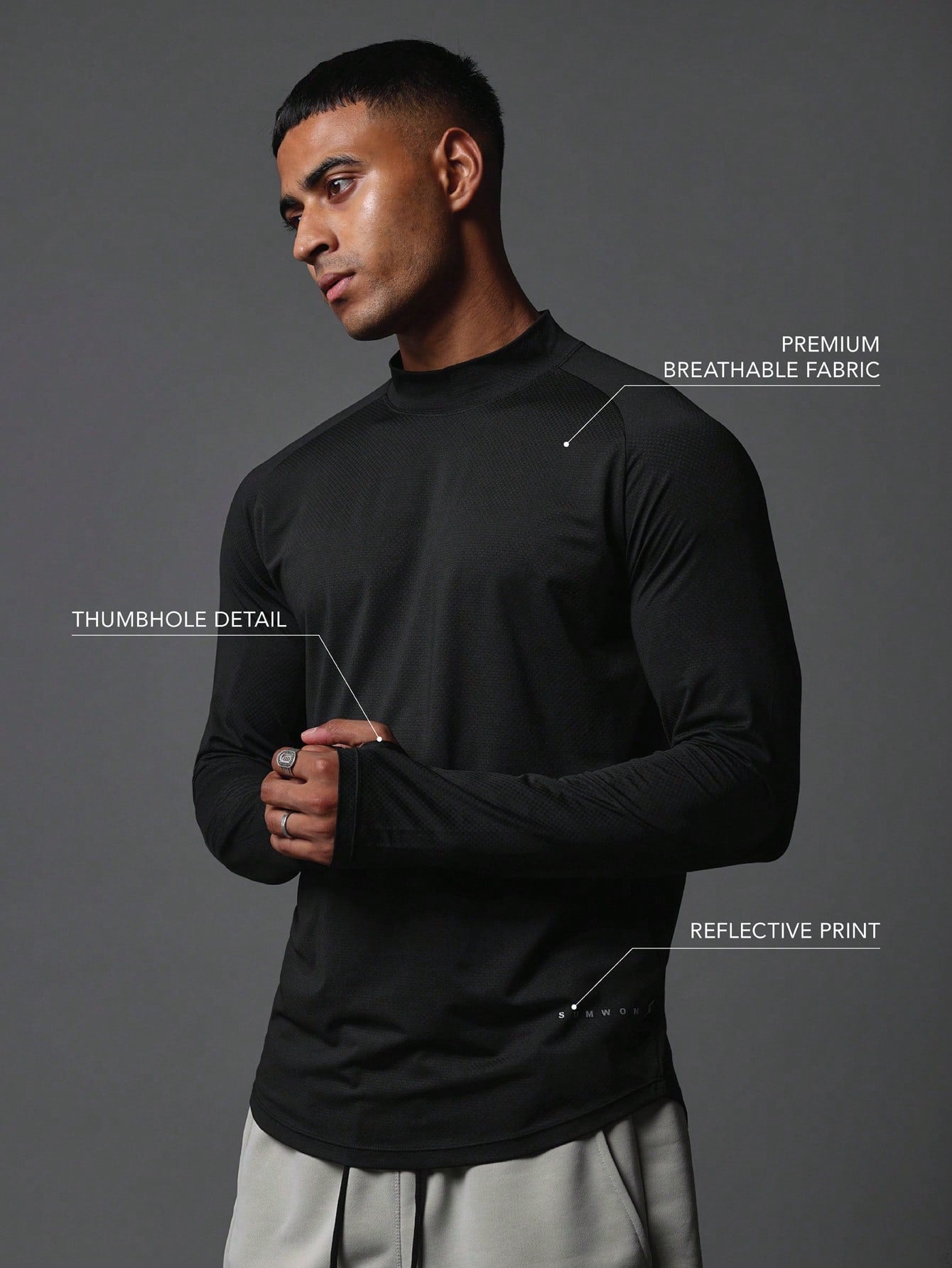 Activewear Muscle Fit Premium Breathable Long Sleeve Mock Neck T-Shirt With Reflective Print & Thumb Holes