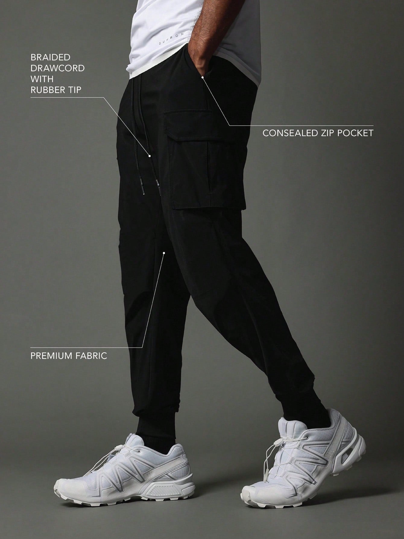 Activewear Comfort Premium Cargo Jogger With Reflective Print, Concealed Zip Pockets & Braided Drawcord With Rubber Tip