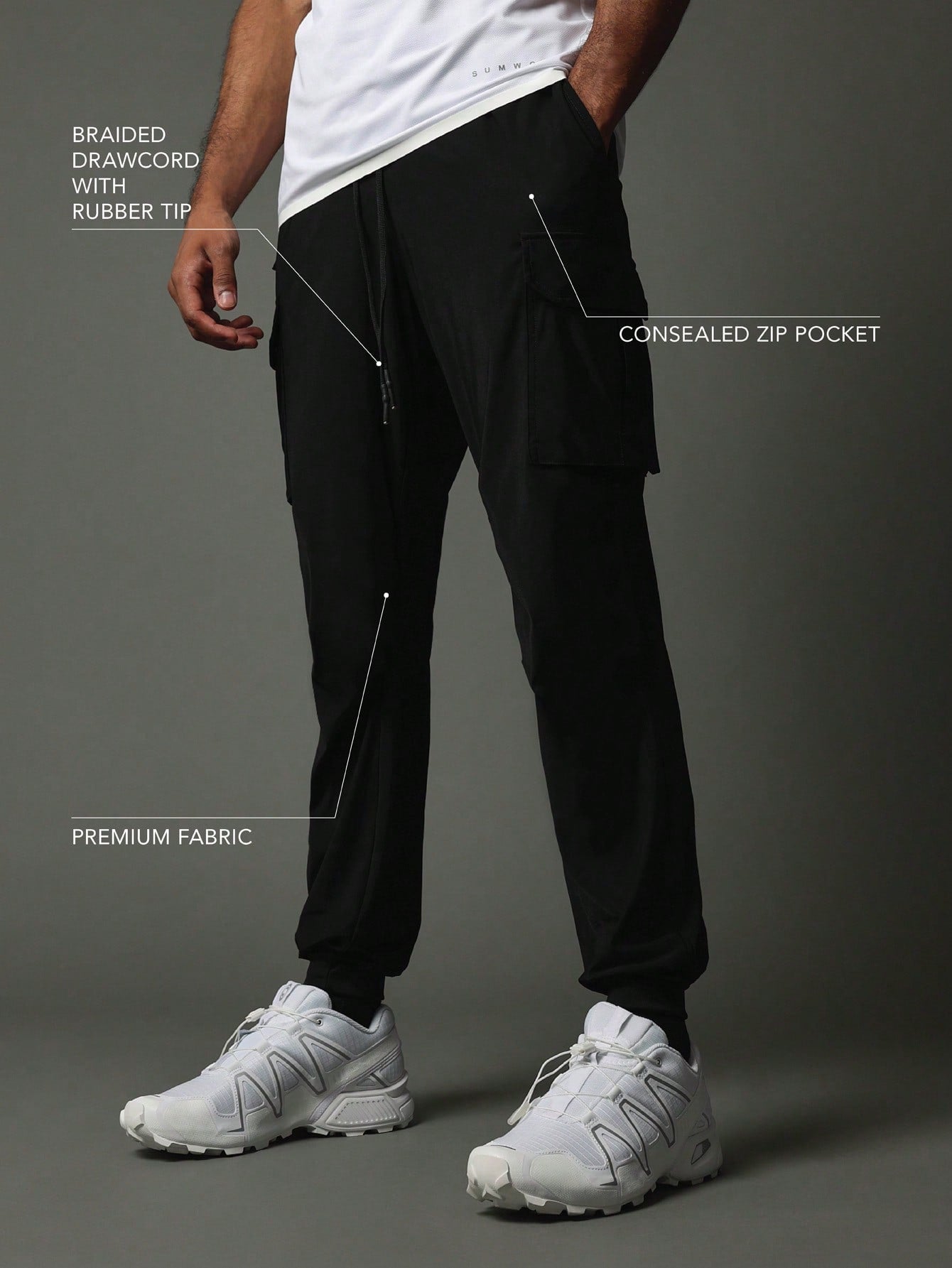 Activewear Comfort Premium Cargo Jogger With Reflective Print, Concealed Zip Pockets & Braided Drawcord With Rubber Tip