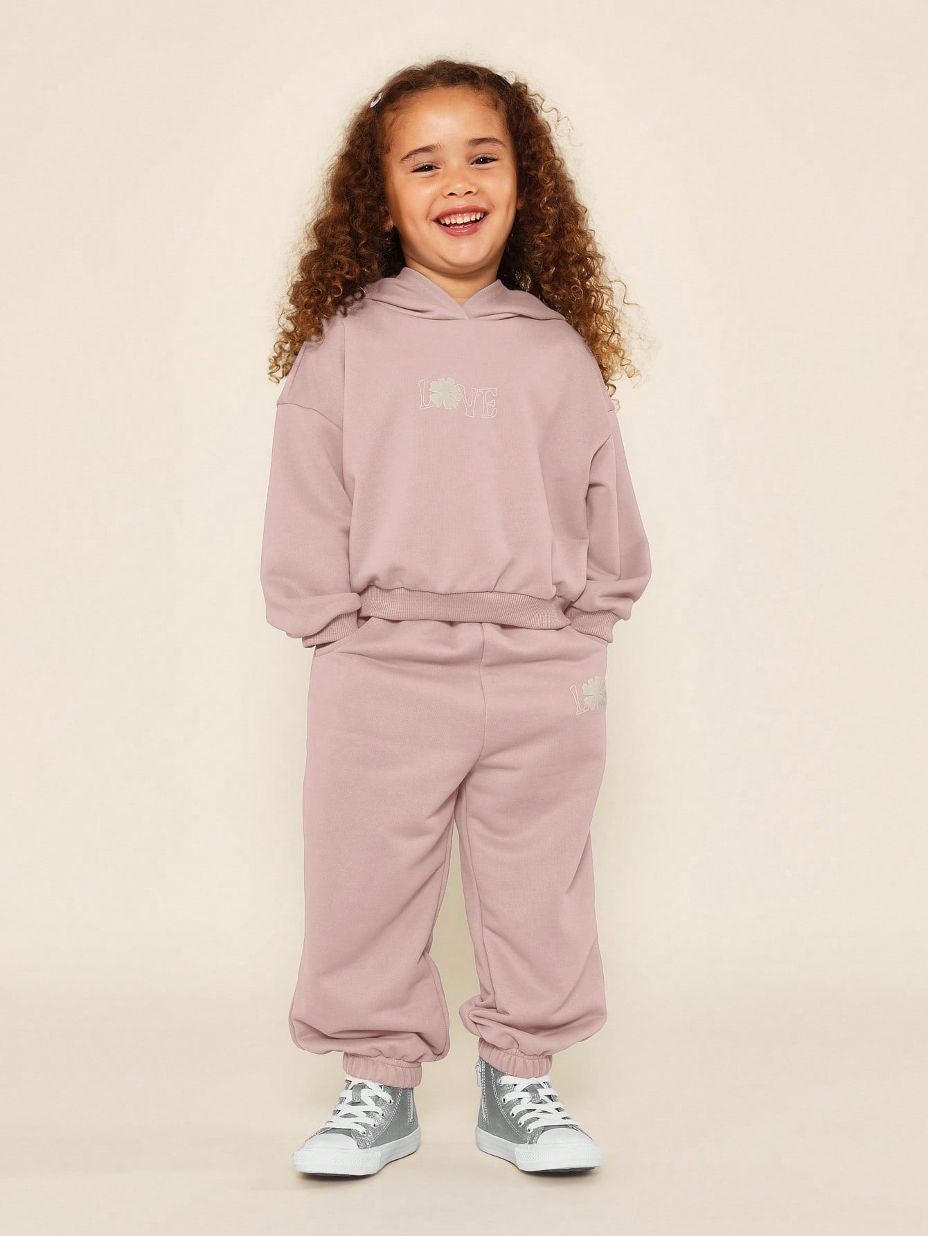 Young Girls Everyday Play Overhead Hoodie And 90's Jogger 2 Piece Set With Love Flower Graphic Front Print