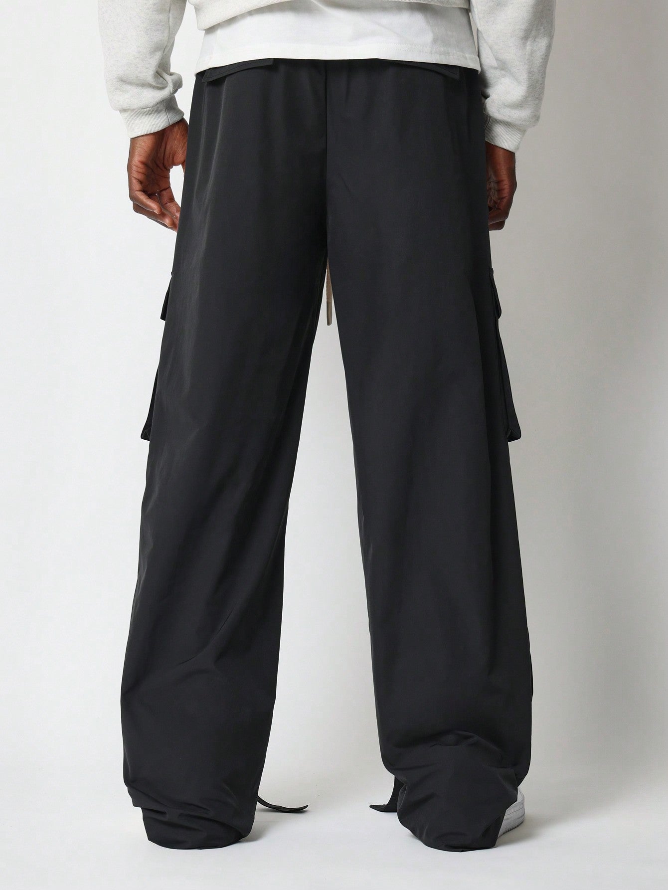 Wide Leg Nylon Multi Pocket Cargo Pant With Drawcords