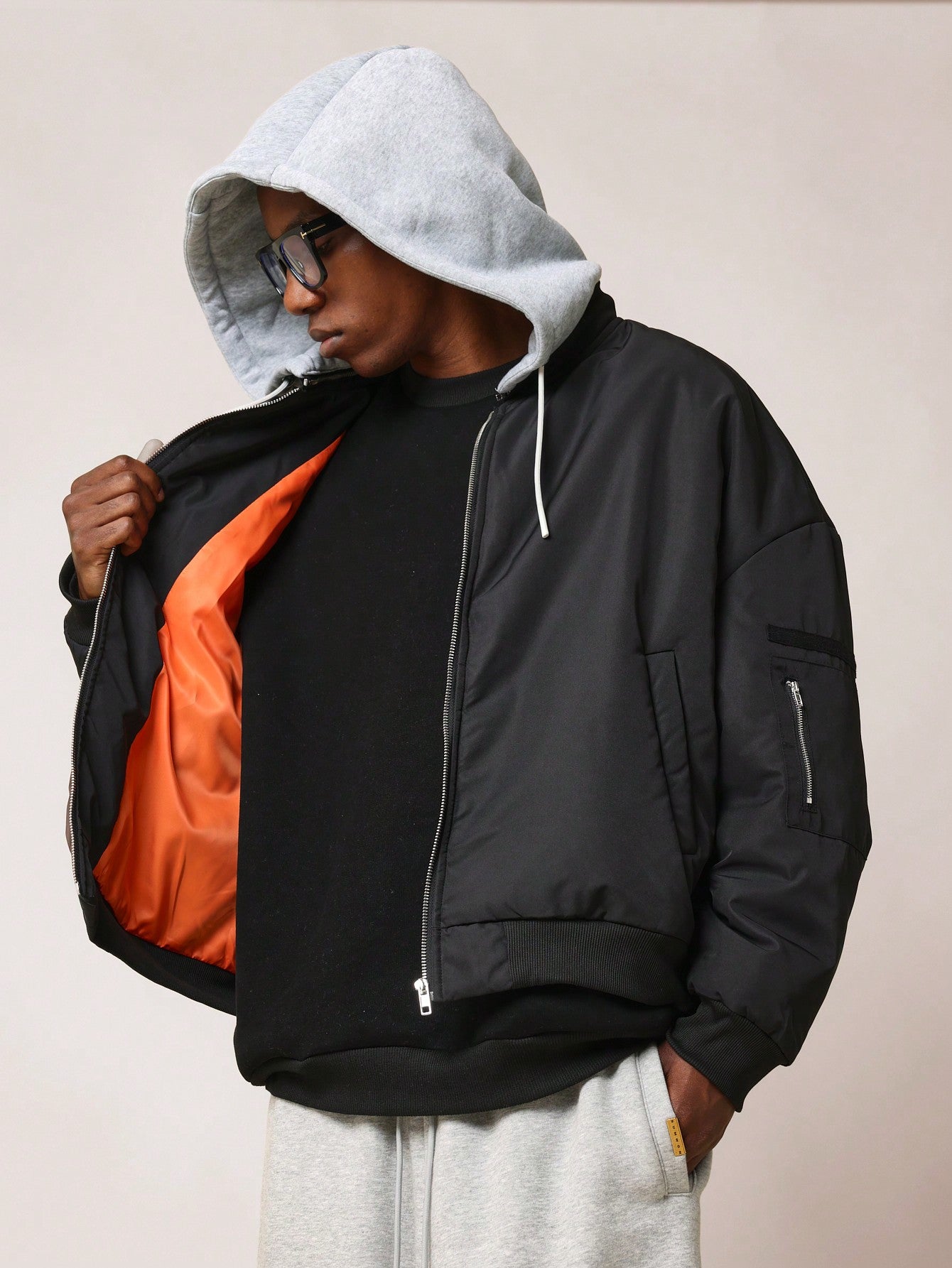 Regular Fit Zip-Up Bomber Jacket With Removable Hoodie