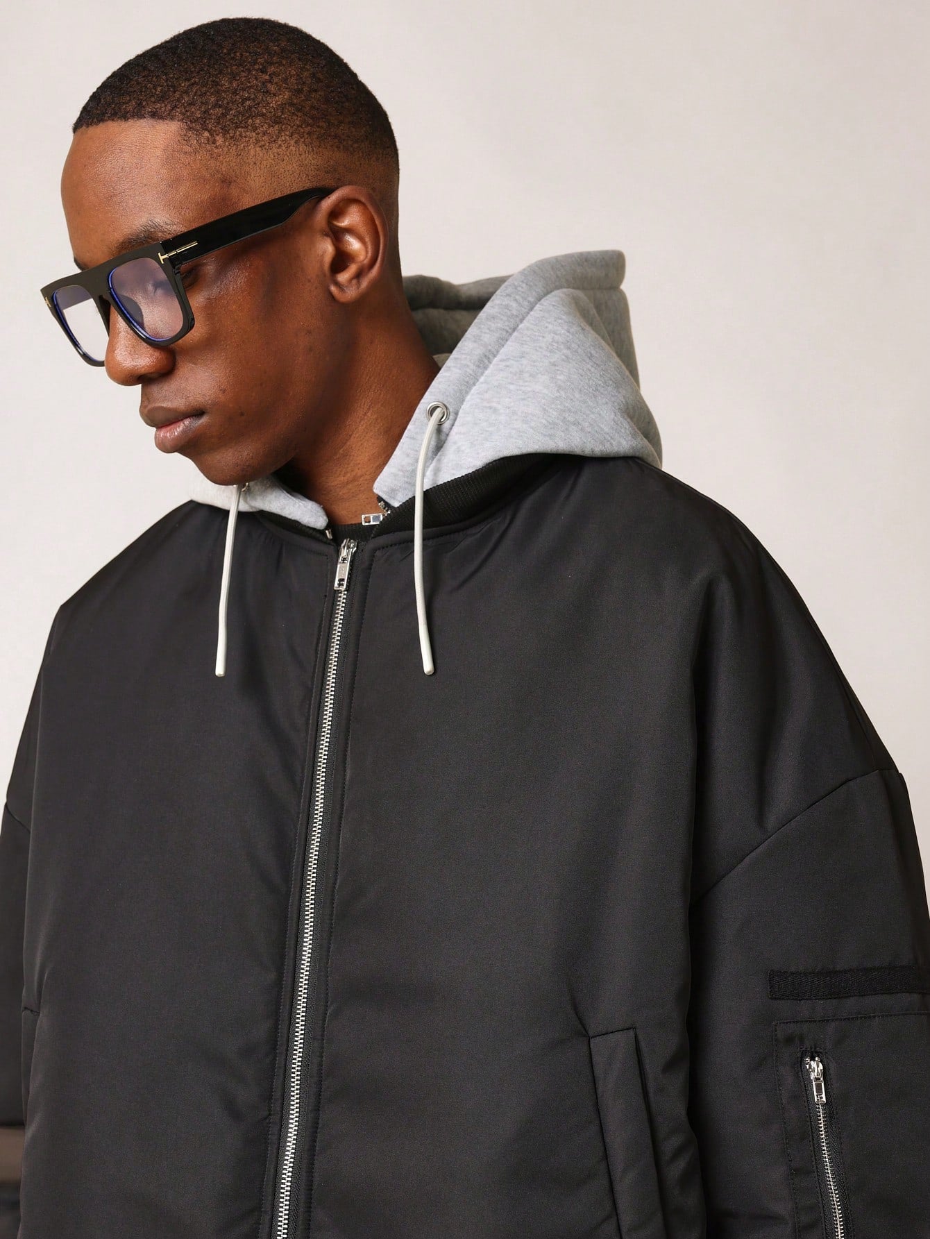 Regular Fit Zip-Up Bomber Jacket With Removable Hoodie