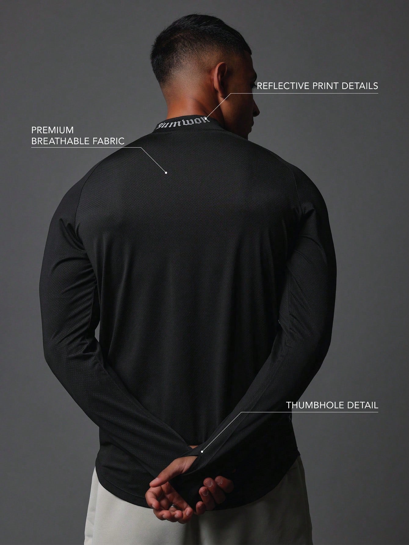 Activewear Muscle Fit Premium Breathable Long Sleeve Mock Neck T-Shirt With Reflective Print & Thumb Holes