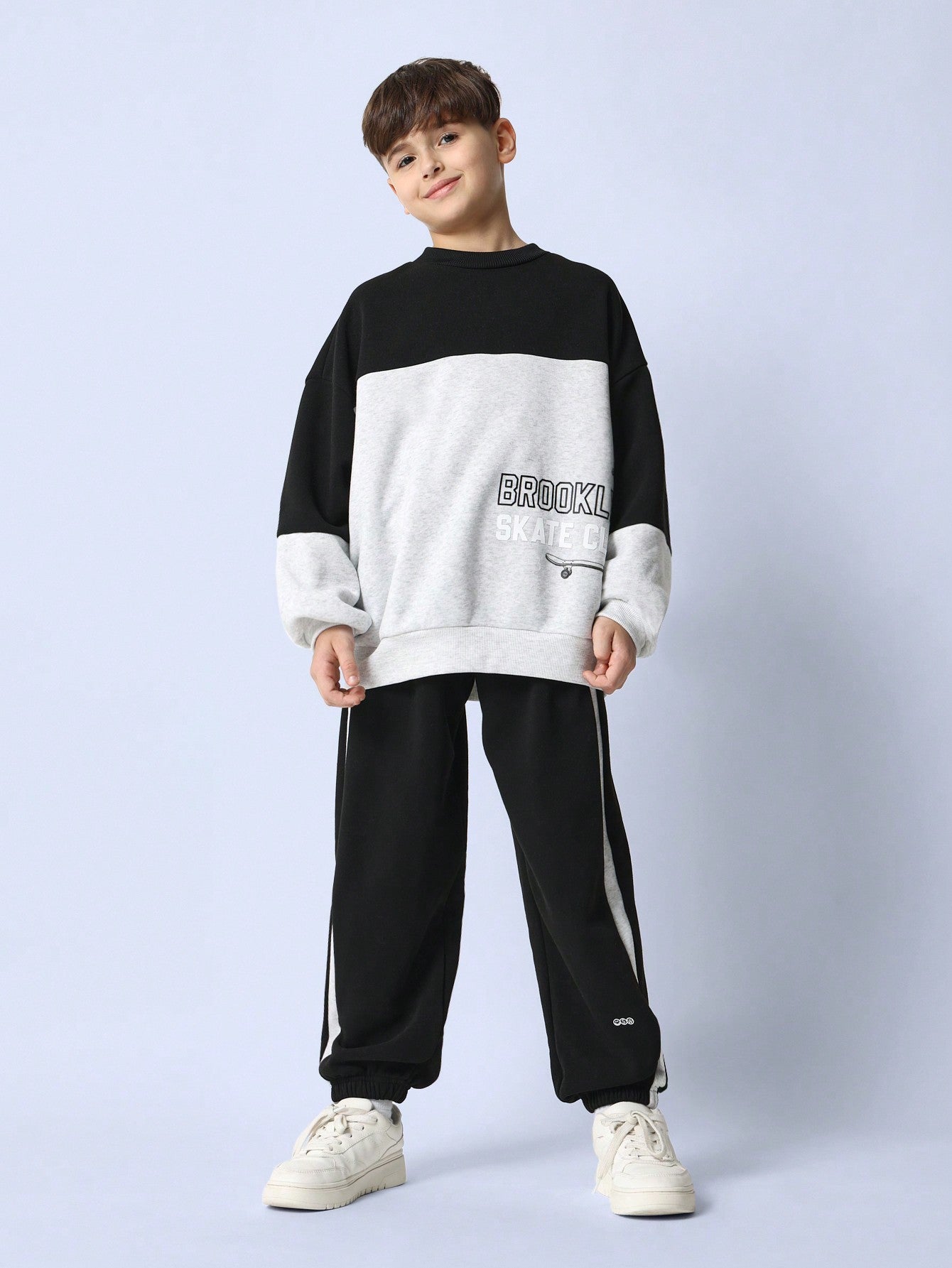 Tween Boys Crew Neck Colour Blocked Brooklyn Graphic Print Sweatshirt And Side Tape Panel Jogger 2 Piece Set