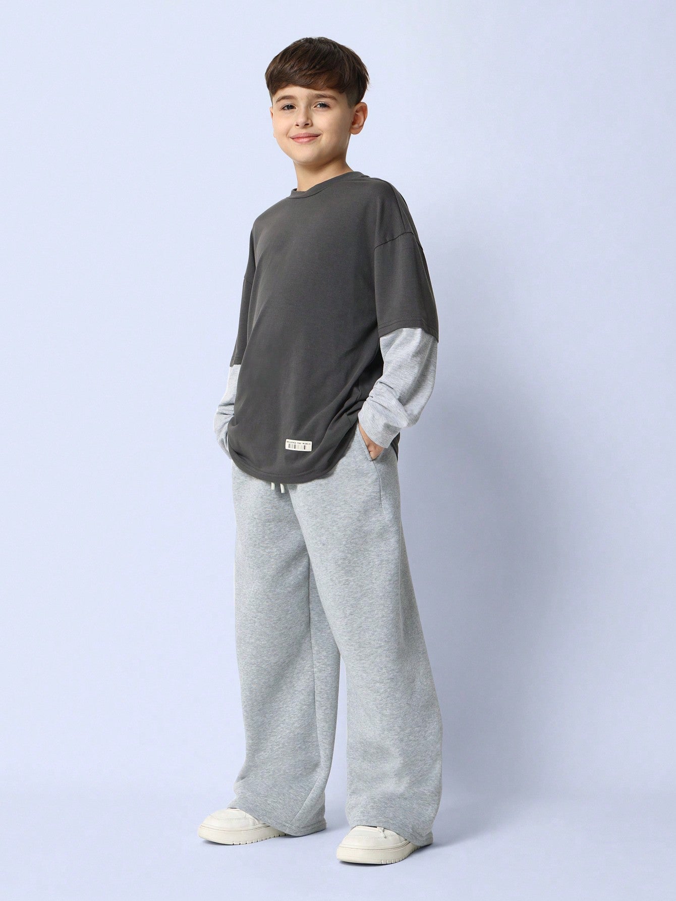 Tween Boys Comfy Regular Fit Double Layer Contrast Long Sleeve Essential Tee