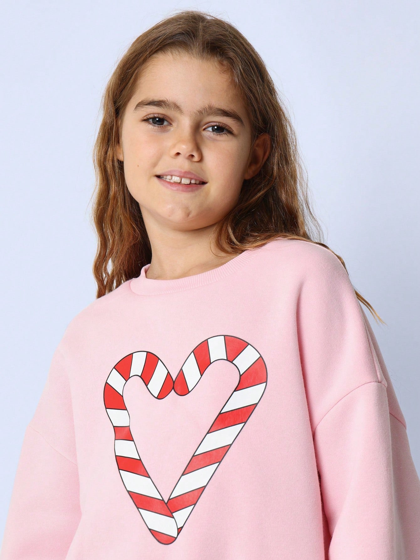 Tween Girls Comfy Christmas Pink Crew Neck Sweatshirt With Heart Candy Cane