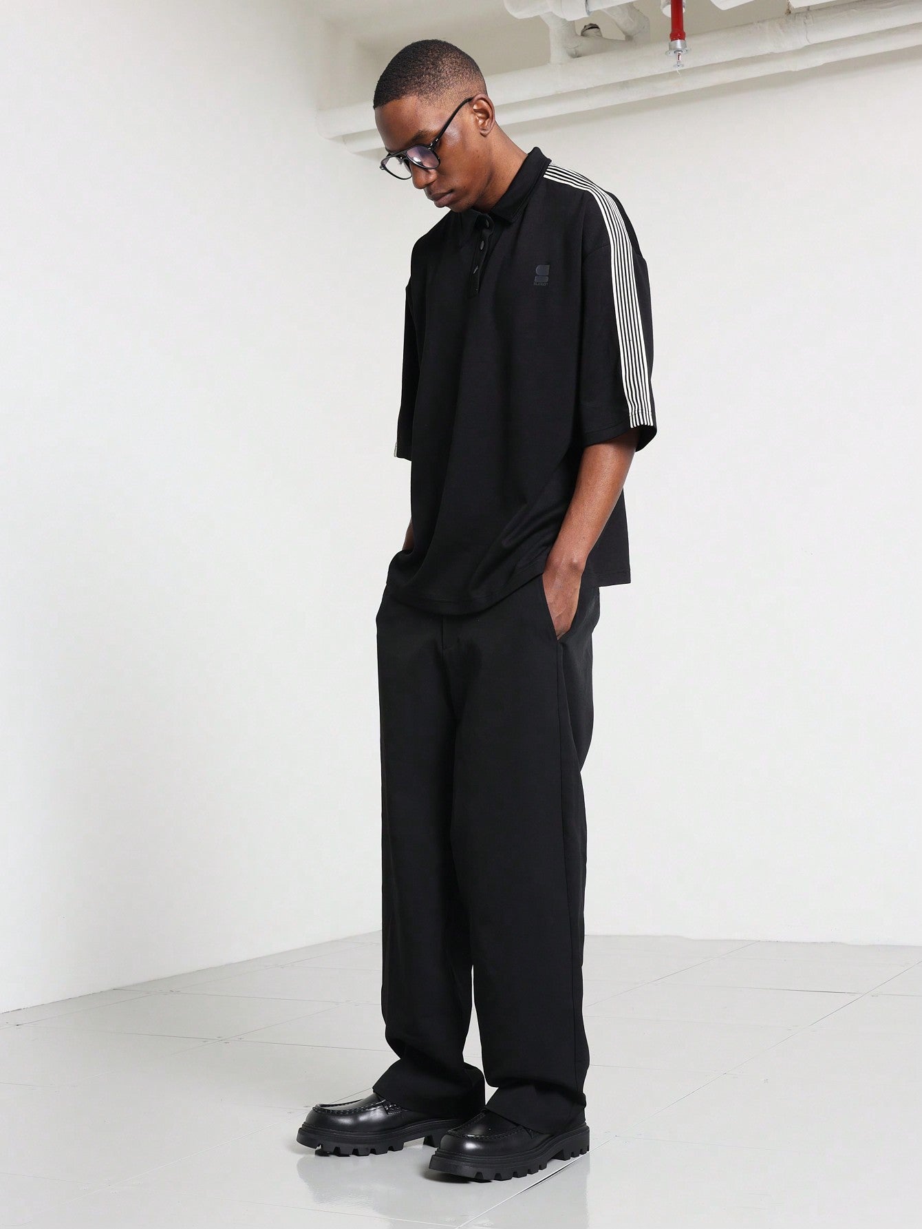 Oversized Texture Polo Shirt With Stripe Tape