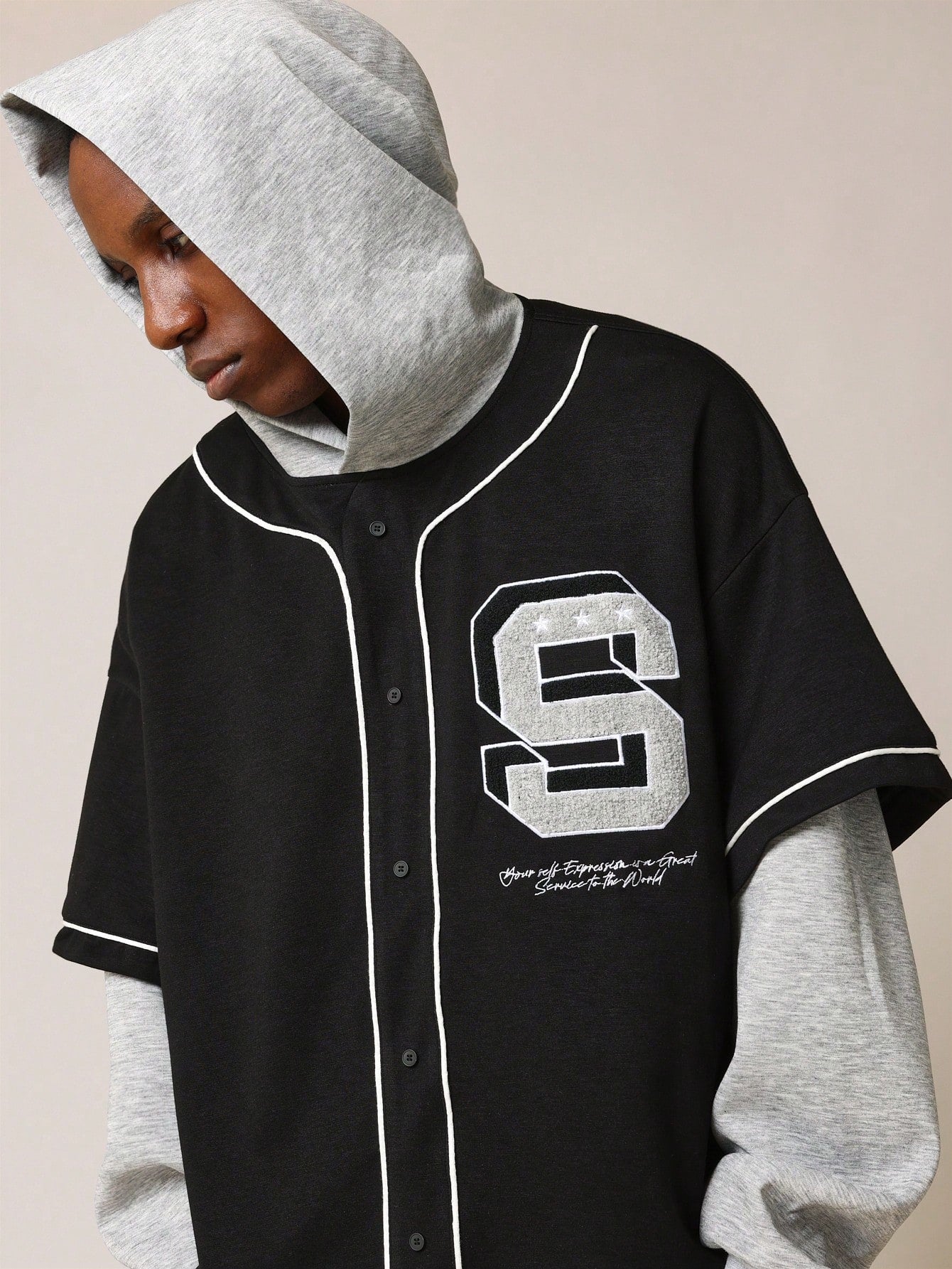 Regular Fit Double Layer Sleeve Baseball Hoodie With Embroidery & Applique Badge